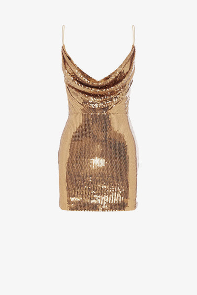 Evening Gown Black Halo Gold Dress Metallic Gold Sequin Stretch KAY UNGER  Spaghetti Strap Sheath Dress