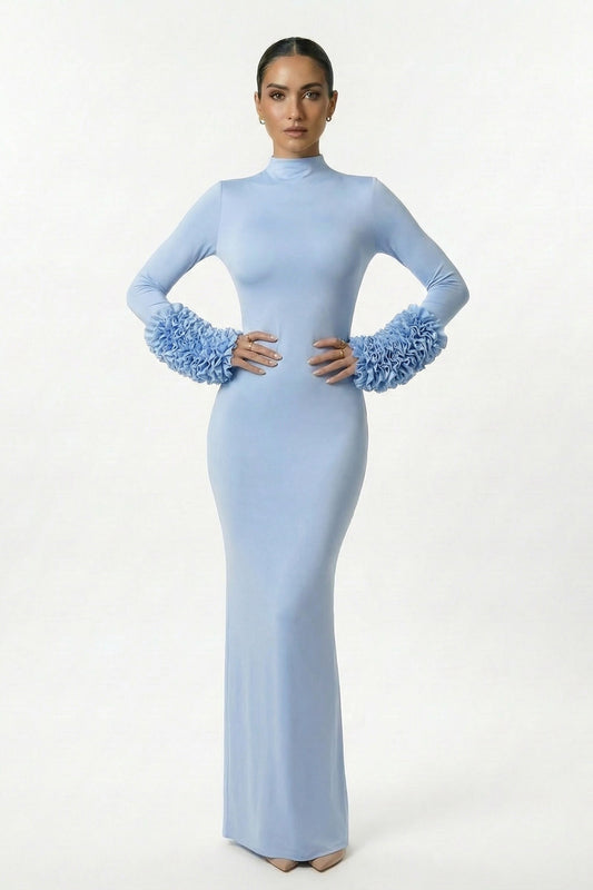 Light Blue Ruffled Sleeve High Neck Maxi Dress