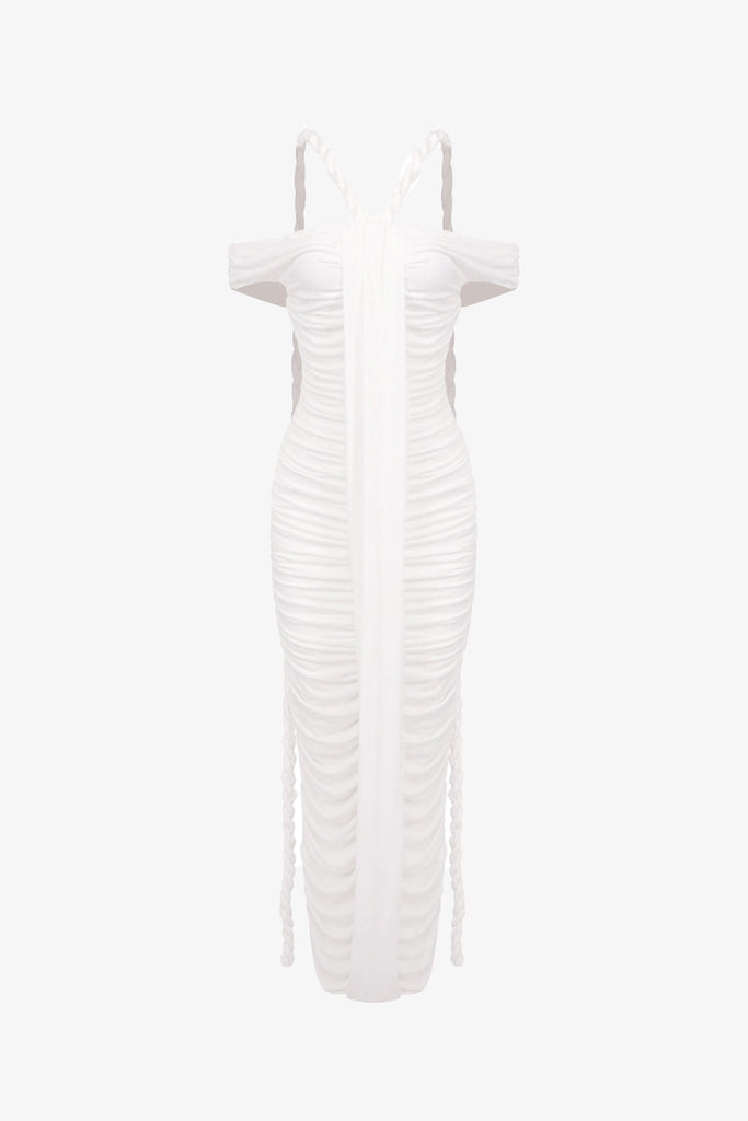 white ruched maxi dress White Off The Shoulder Ruched Maxi Dress – Selene Dress