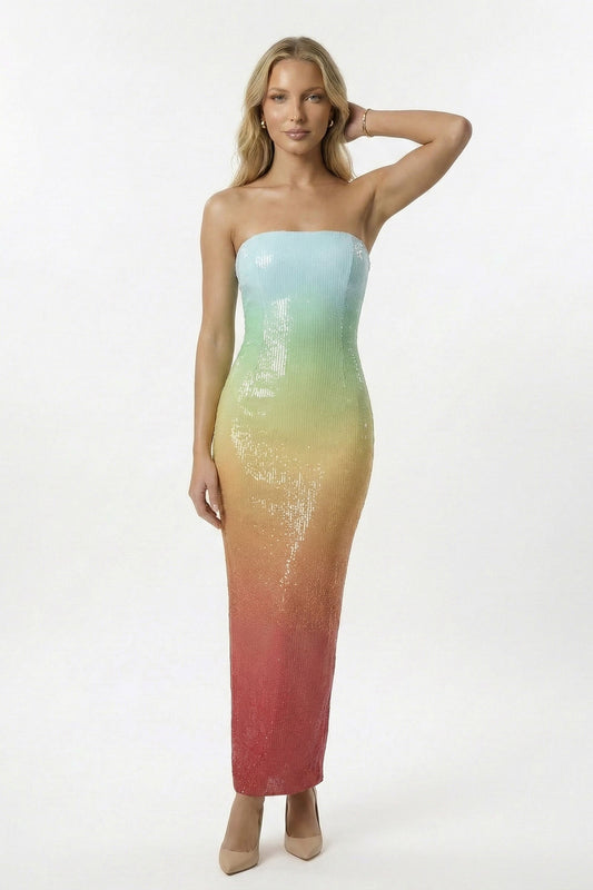 Ombre Strapless Sequined Midi Dress