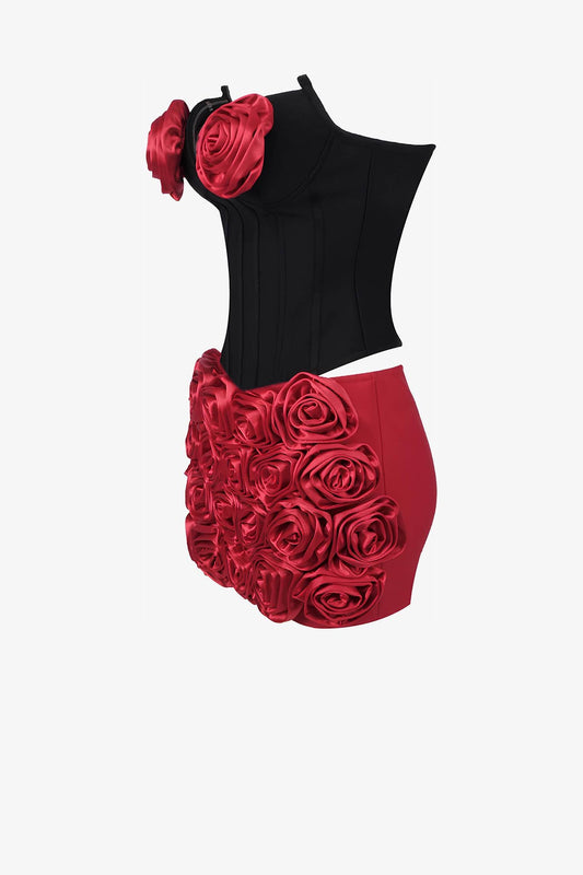 Black And Red Floral Corset Two-Piece Mini Dress