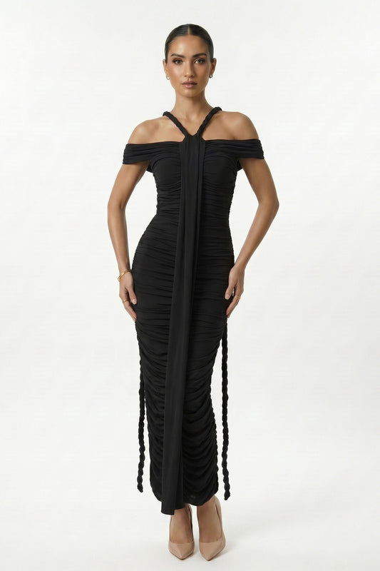 Black Bardot Bodycon Maxi Dress - Black / Dress
