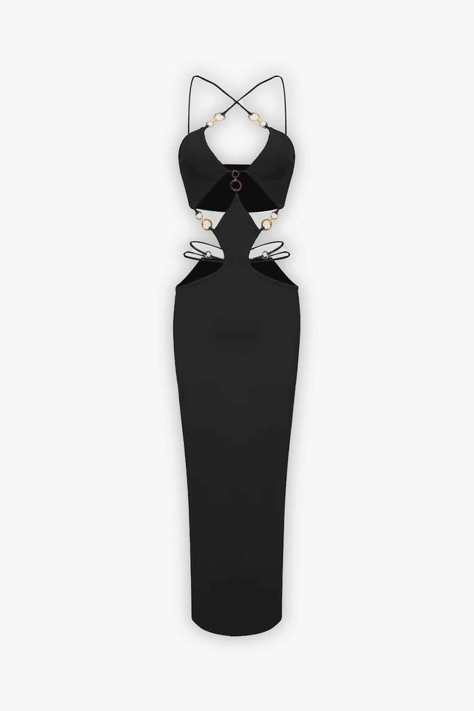 Black Cutout Ring Strappy Maxi Dress with Gold Chain Detail 10 Black Cutout Ring Strappy Maxi Dress with Gold Chain Detail 10