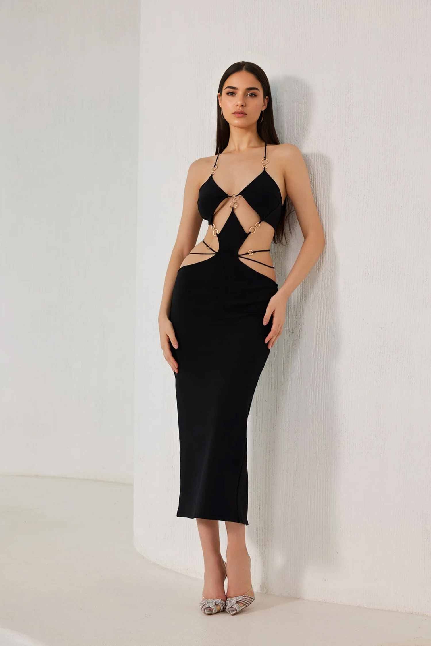 Black Cutout Ring Strappy Maxi Dress with Gold Chain Detail Selene Dress Black Cutout Ring Strappy Maxi Dress with Gold Chain Detail Selene Dress