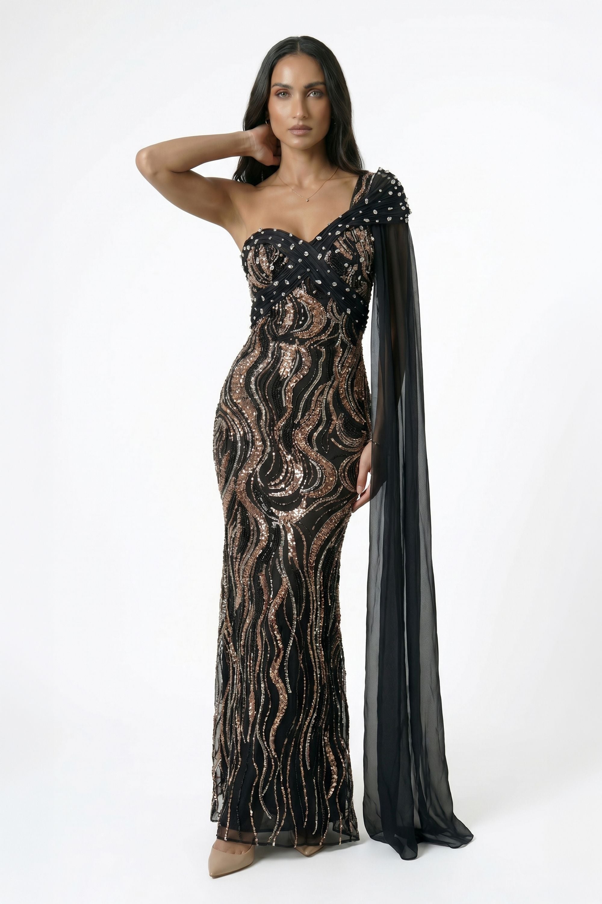 Black Draped Cape One Shoulder Sequin Maxi Dress Black / 10