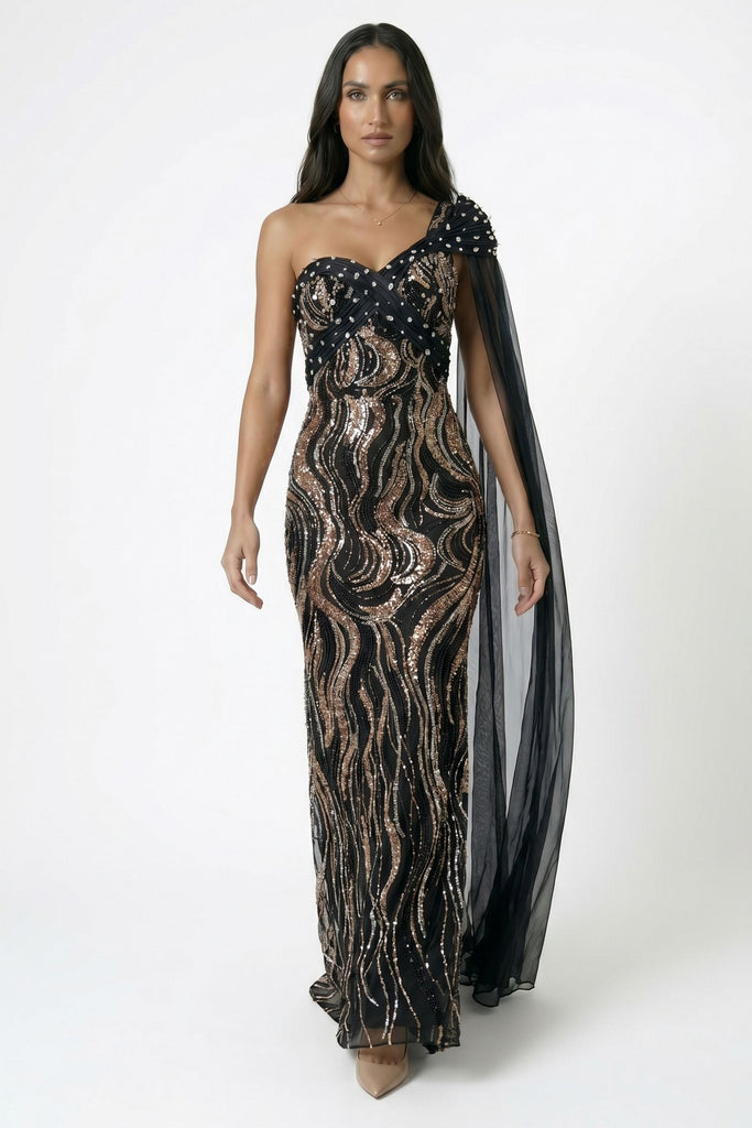 Black Draped Cape One Shoulder Sequin Maxi Dress Black / 10 Black Draped Cape One Shoulder Sequin Maxi Dress Black / 10