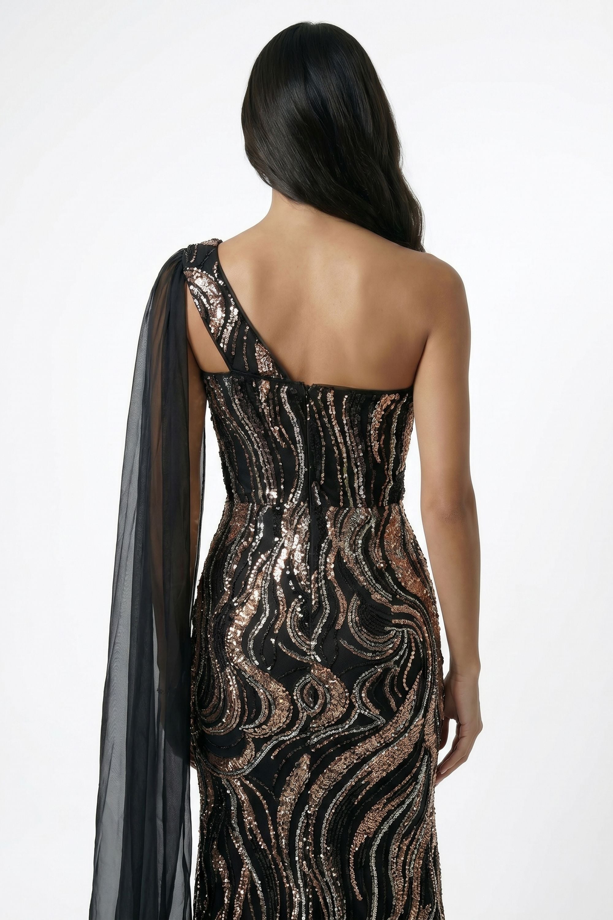 Black Draped Cape One Shoulder Sequin Maxi Dress - Dress