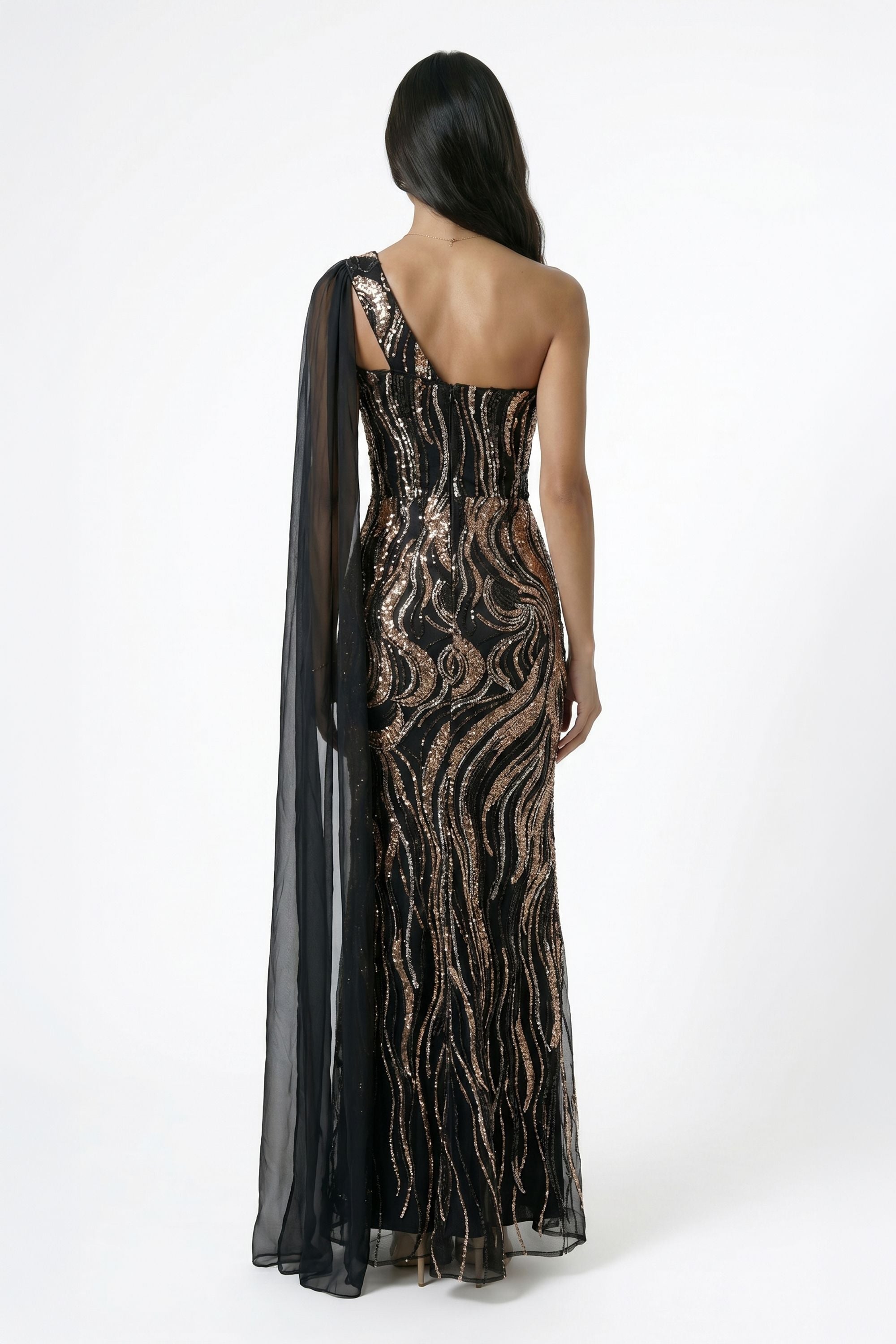 Black Draped Cape One Shoulder Sequin Maxi Dress - Dress