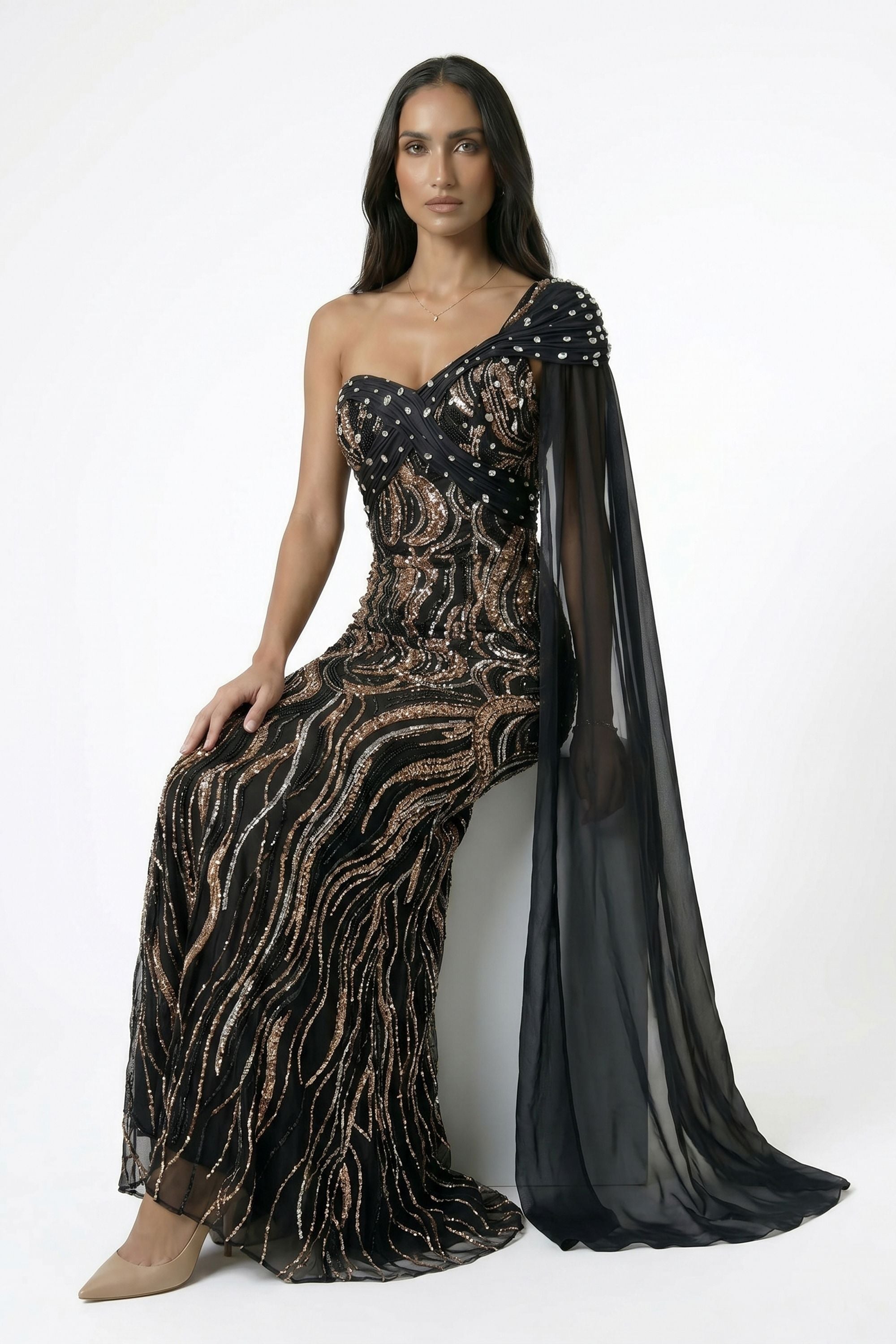 Black Draped Cape One Shoulder Sequin Maxi Dress Black / 10 Black Draped Cape One Shoulder Sequin Maxi Dress Black / 10