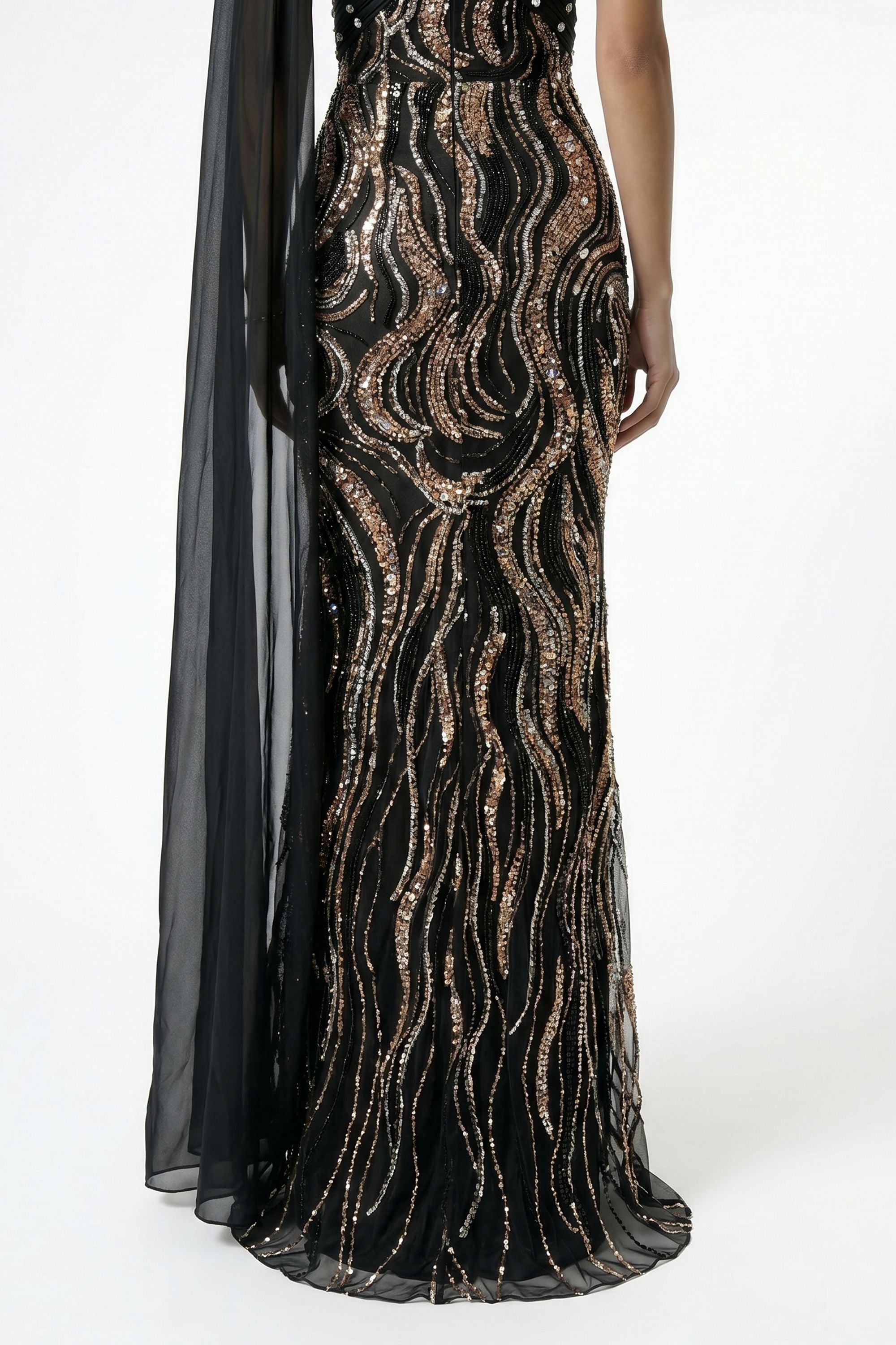 Black Draped Cape One Shoulder Sequin Maxi Dress - Dress