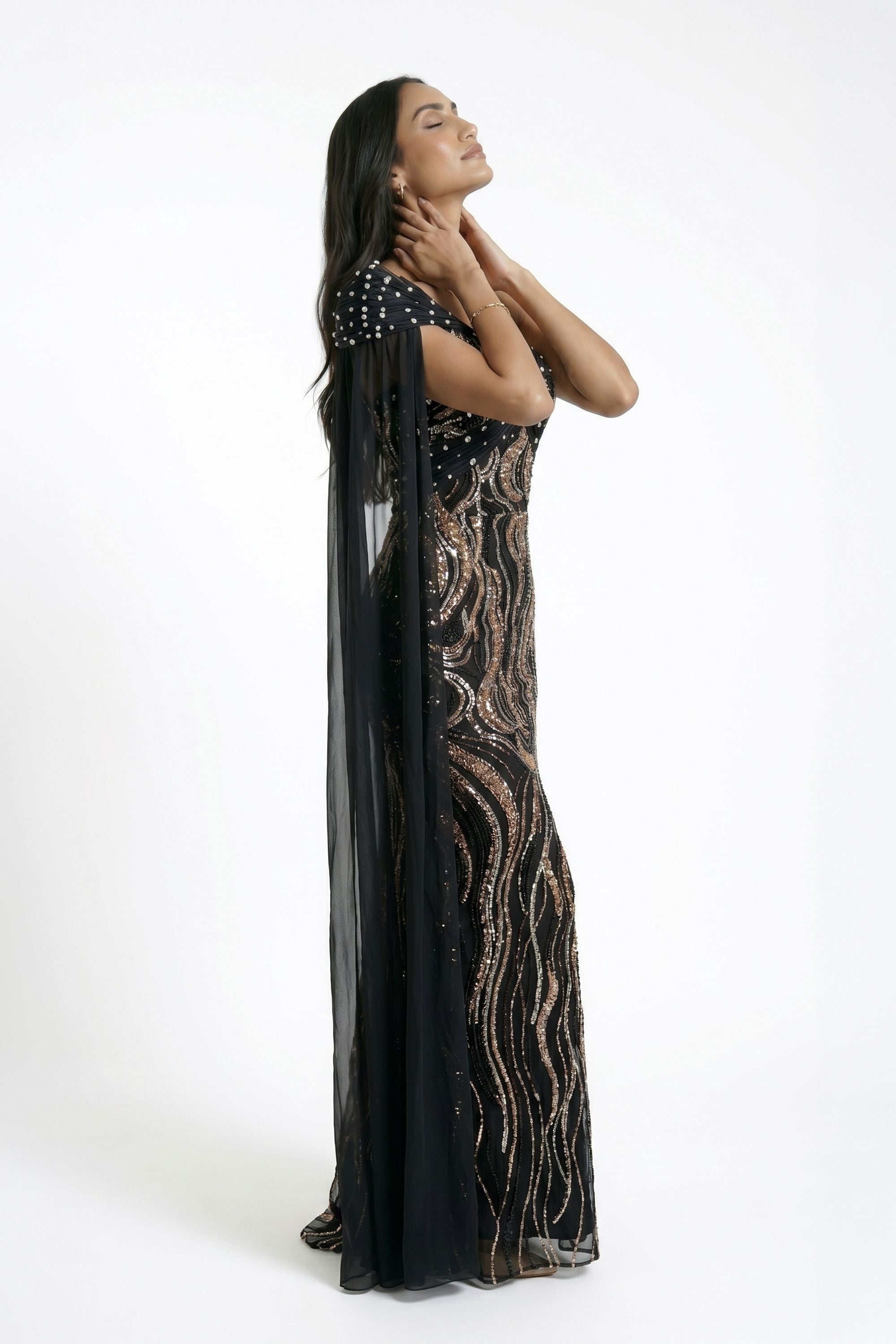 black one shoulder sequin dress Black Draped Cape One Shoulder Sequin Maxi Dress Black / 10