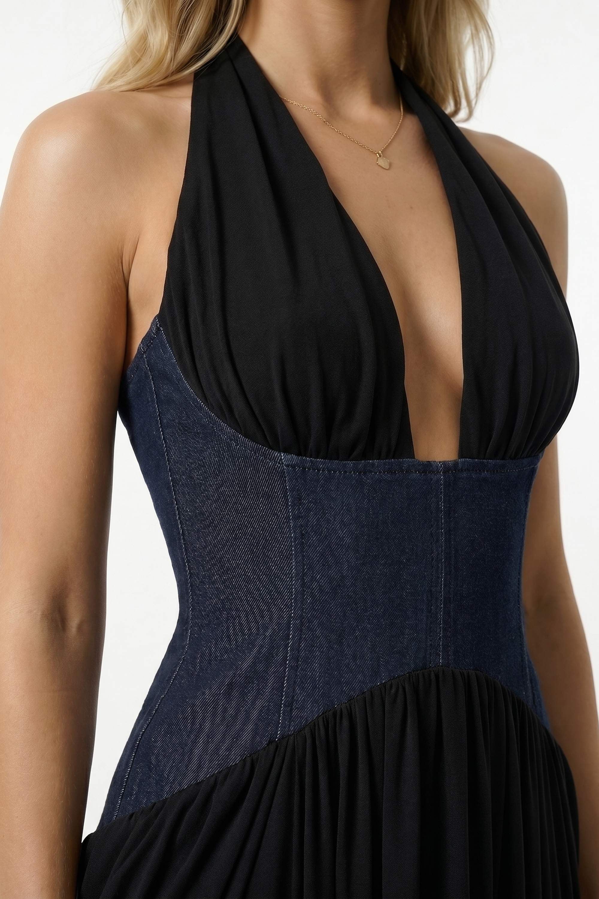 Black Halter Denim Corset Maxi Dress - Dress