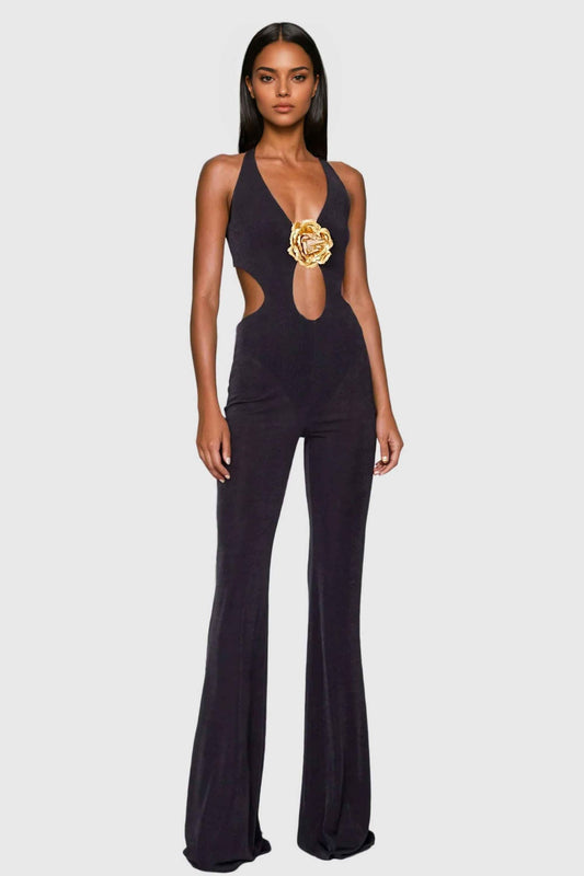 Black Halter Floral Bell Bottom Jumpsuit Jumpsuit