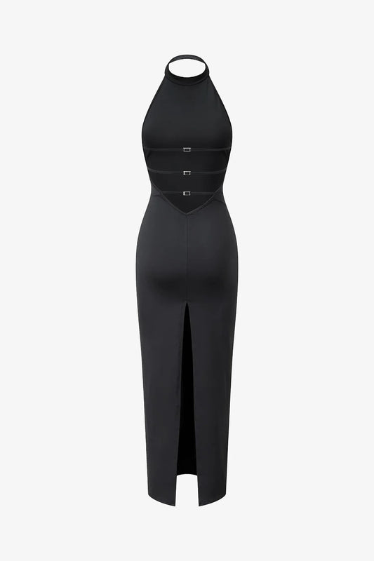 Black Halter Low Back Maxi Dress