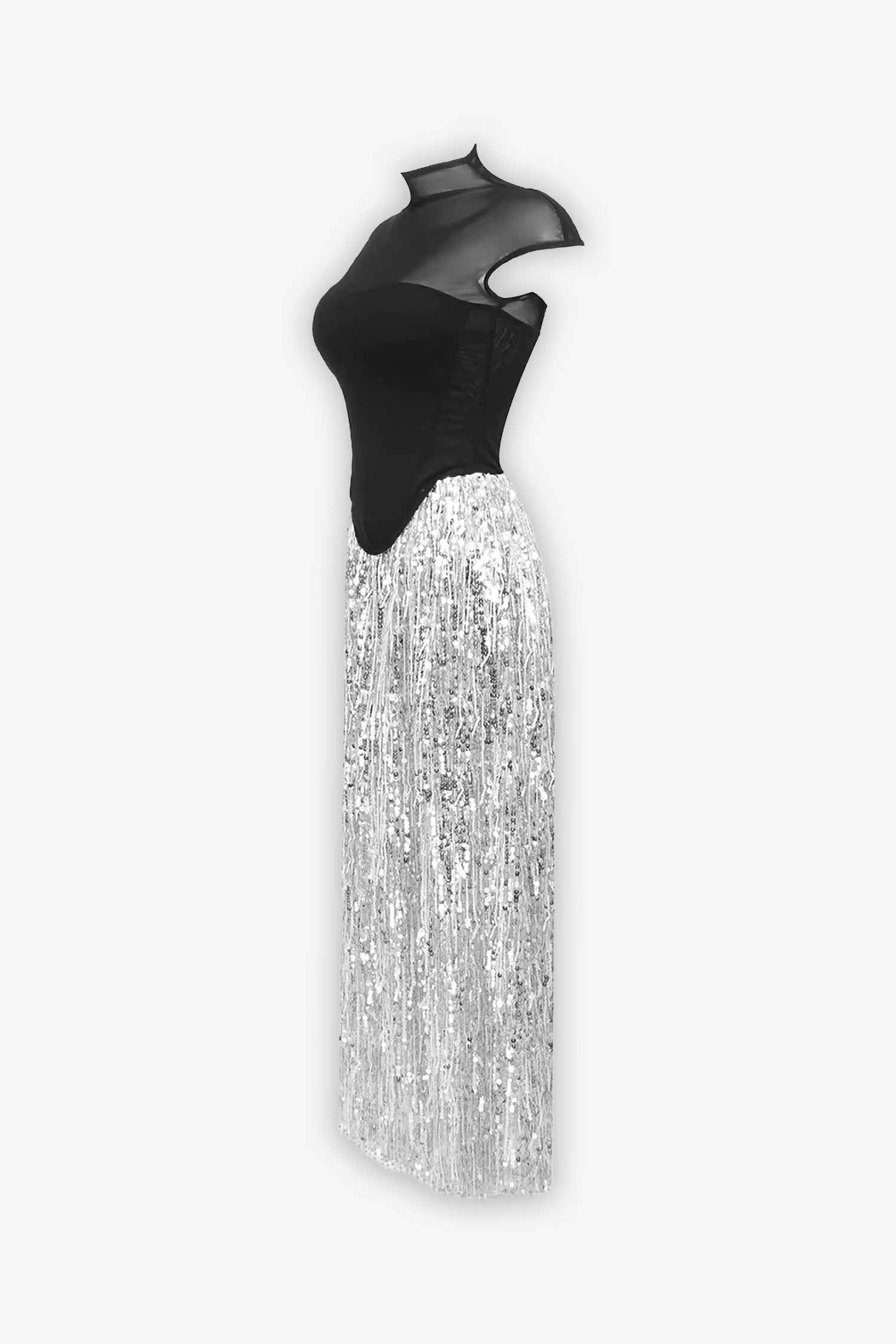 Black Mesh Corset And Silver Sequin Skirt Two Piece Dress Dress