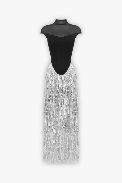 Black Mesh Corset & Silver Sequin Skirt Two Piece Dress 2