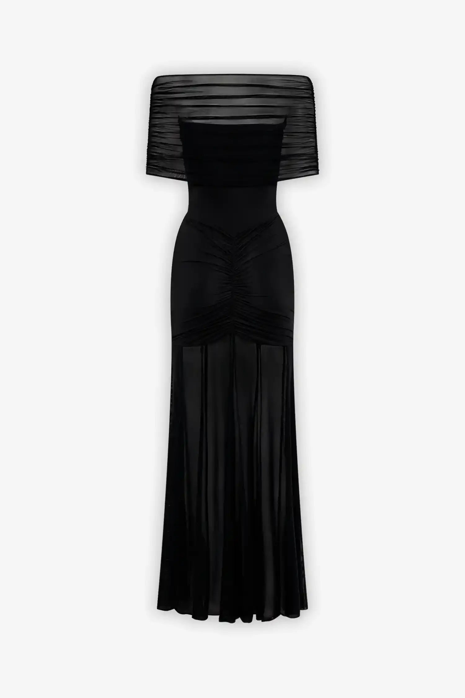 Black Off the Shoulder Mesh Maxi Dress