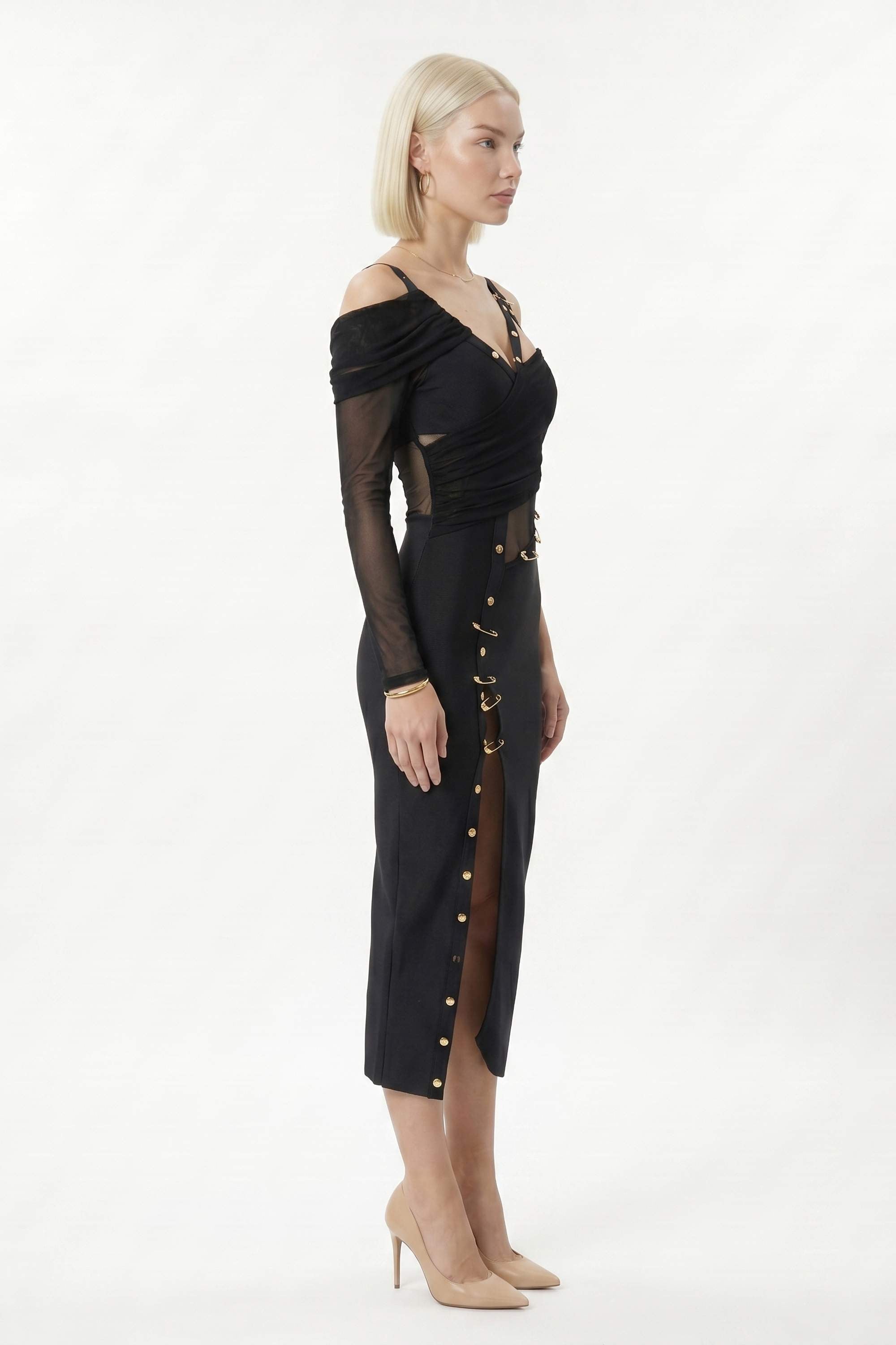 Black One Shoulder Mesh Cut Out Safety Pin Midi Dress - Dress