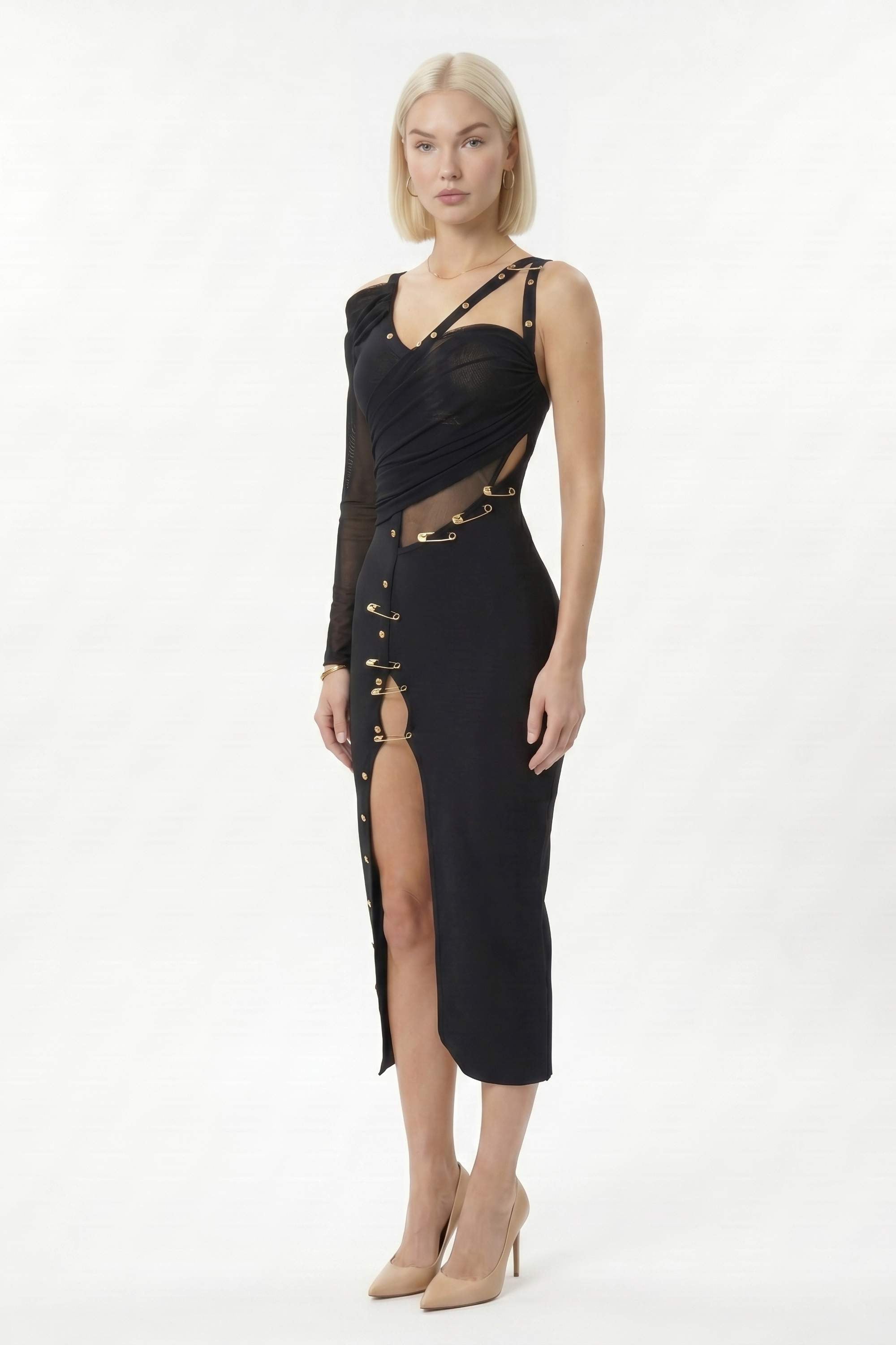 Black One Shoulder Mesh Cut Out Safety Pin Midi Dress - Dress