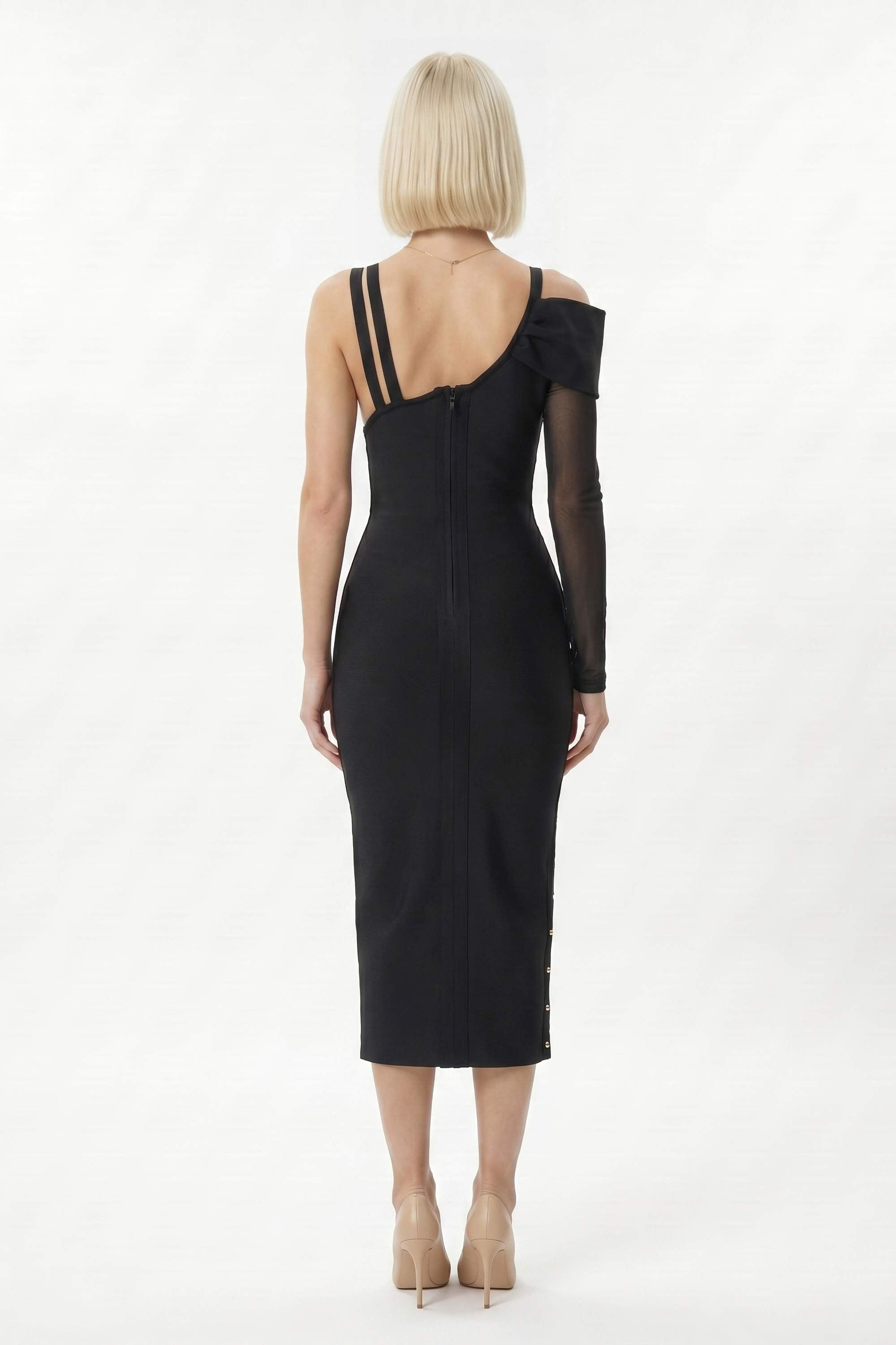 Black One Shoulder Mesh Cut Out Safety Pin Midi Dress - Dress