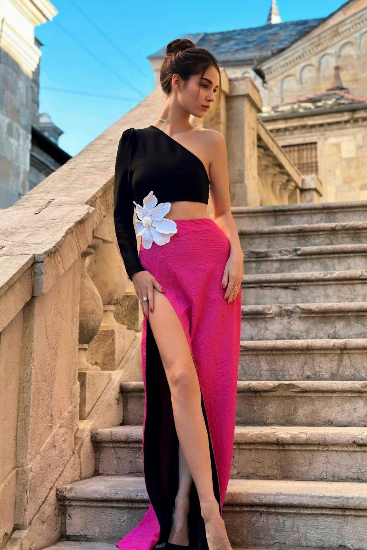 Black & Pink One Shoulder Maxi Dress Black & Pink / 2 Dress