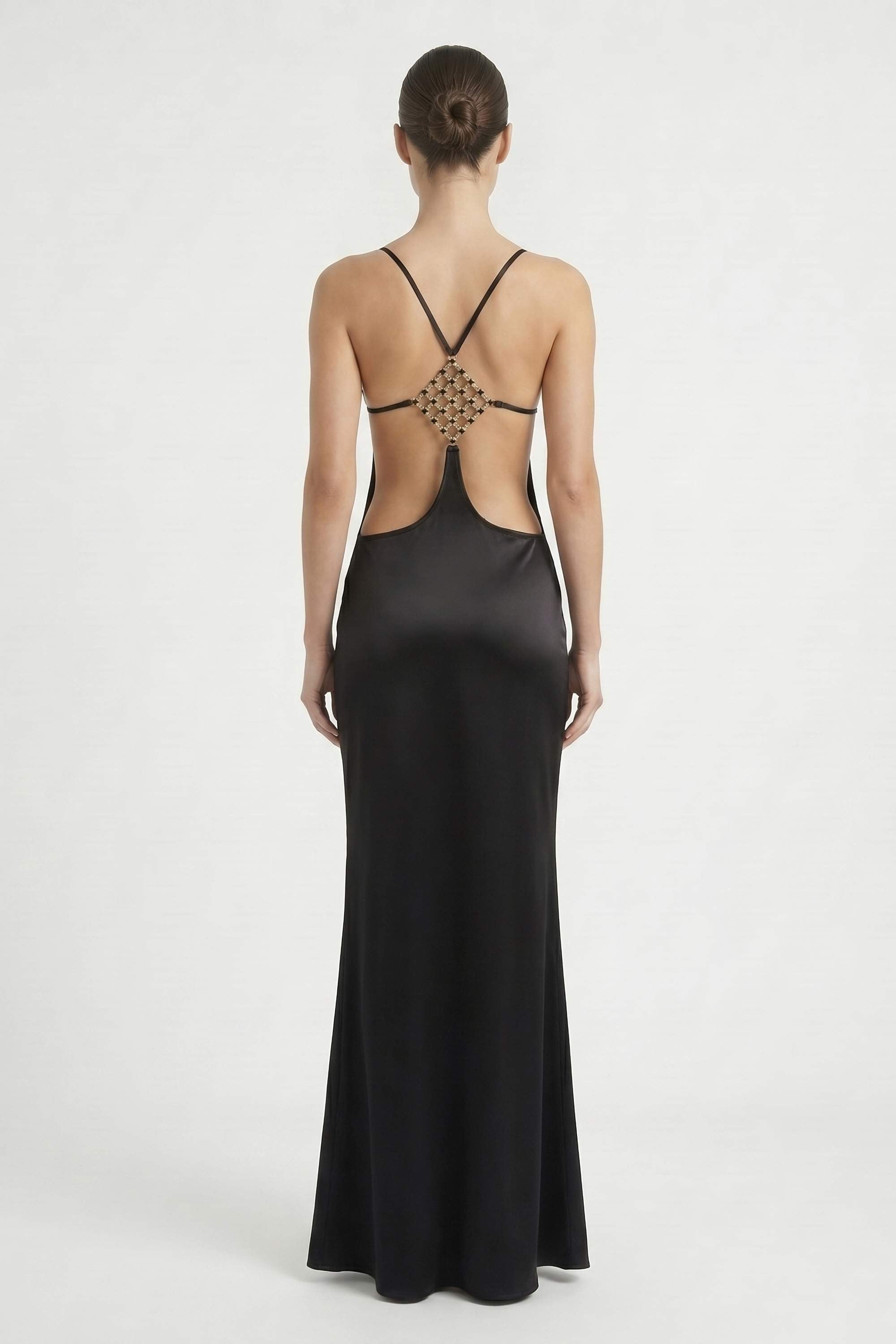 Black Satin Rhinestone Back Maxi Dress - Dress