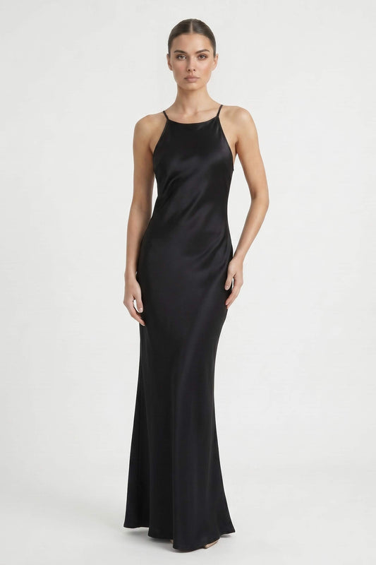 Black Satin Rhinestone Back Maxi Dress - Dress
