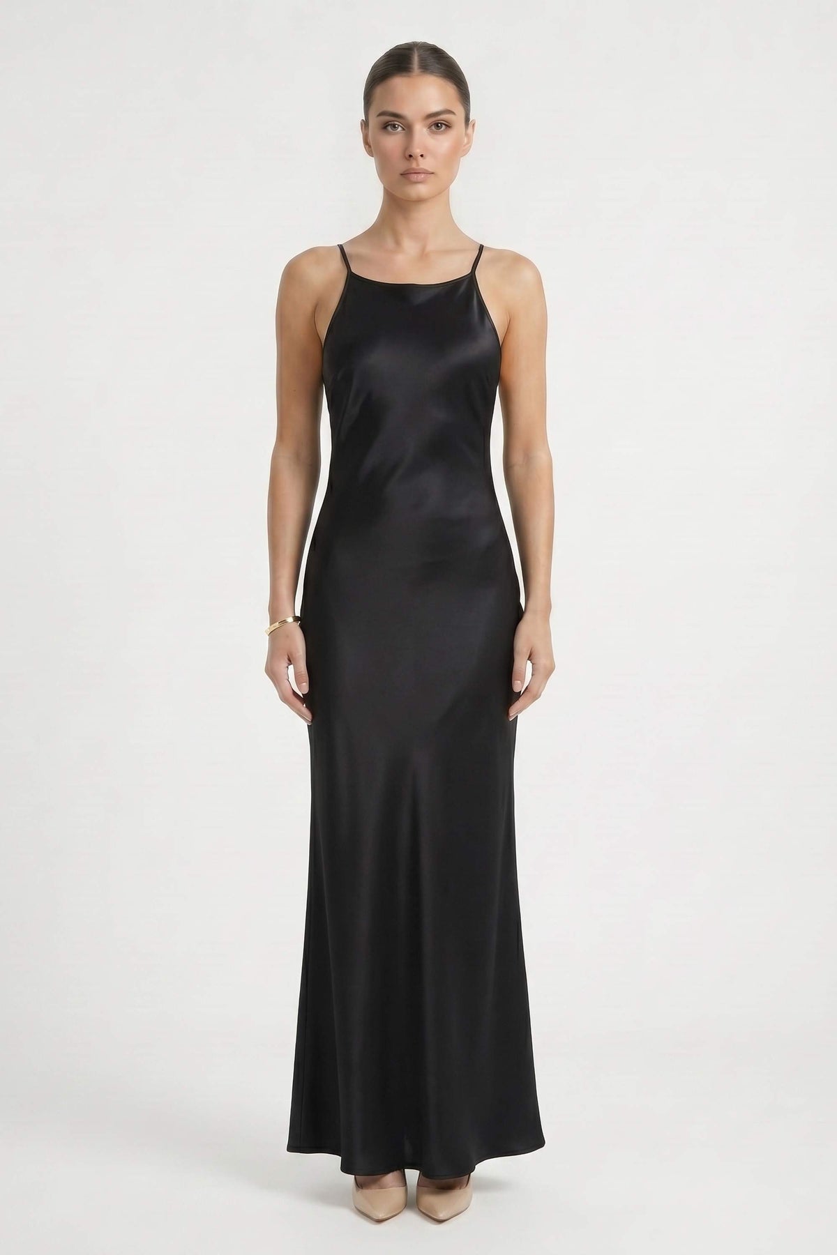 Black Satin Rhinestone Back Maxi Dress - Black / S - Dress