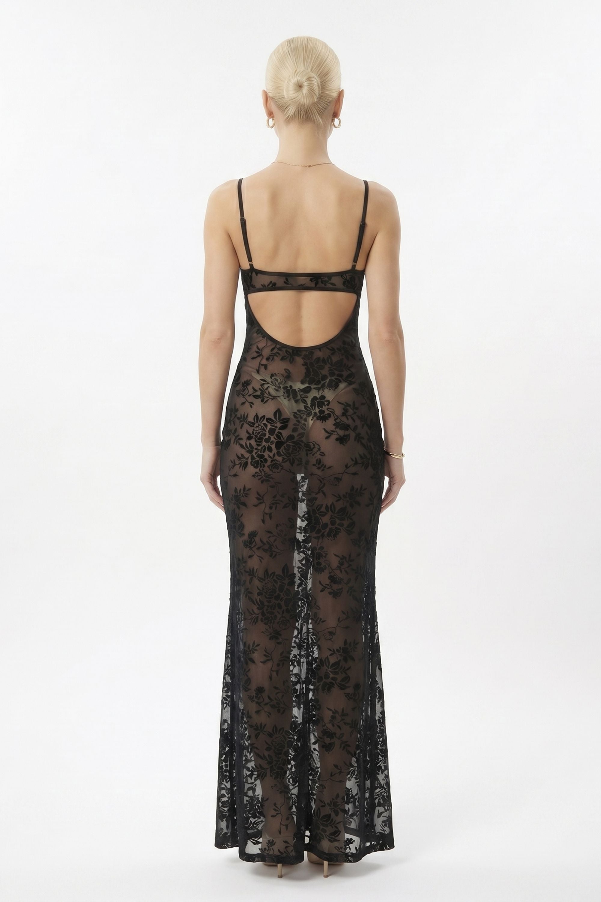 Black Sheer Floral Mesh Backless Maxi Dress – Selene Dress