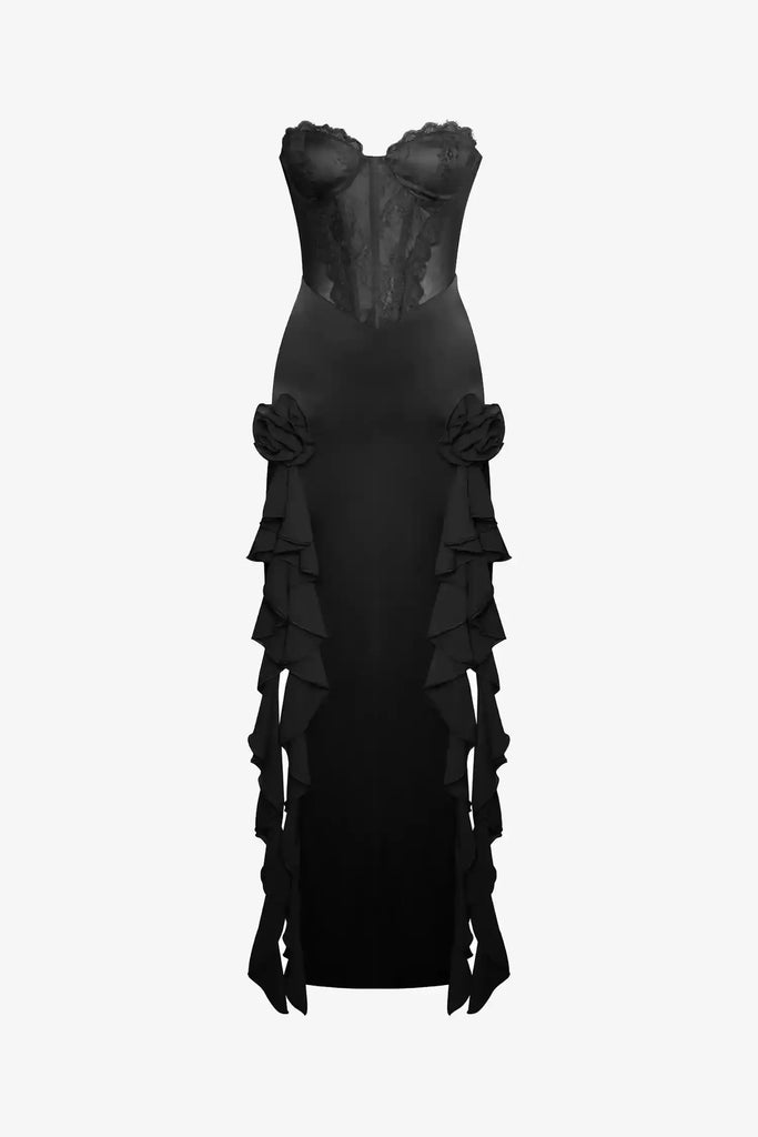 chinese dress ladies Duntery Strapless Corset Bodice Ruffle Tiered Tulle Dress, Dusty-Blue main image 1