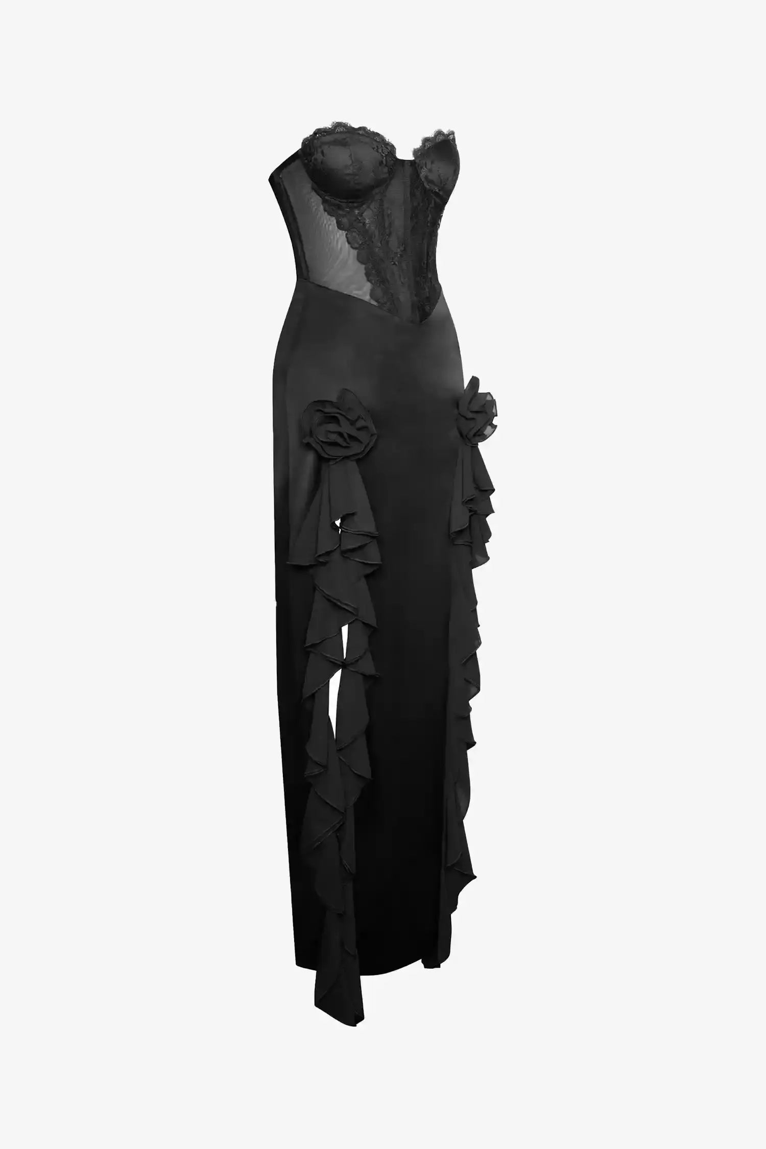 Black Strapless Corset Ruffle Maxi Dress Dress