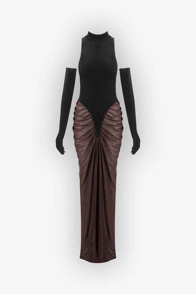 Black Velvet and Brown Mesh Ruched Maxi Dress Black & Brown / 8