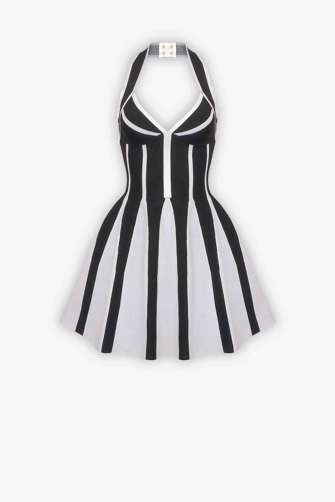 Black & White Striped Halter A-Line Mini Dress 6
