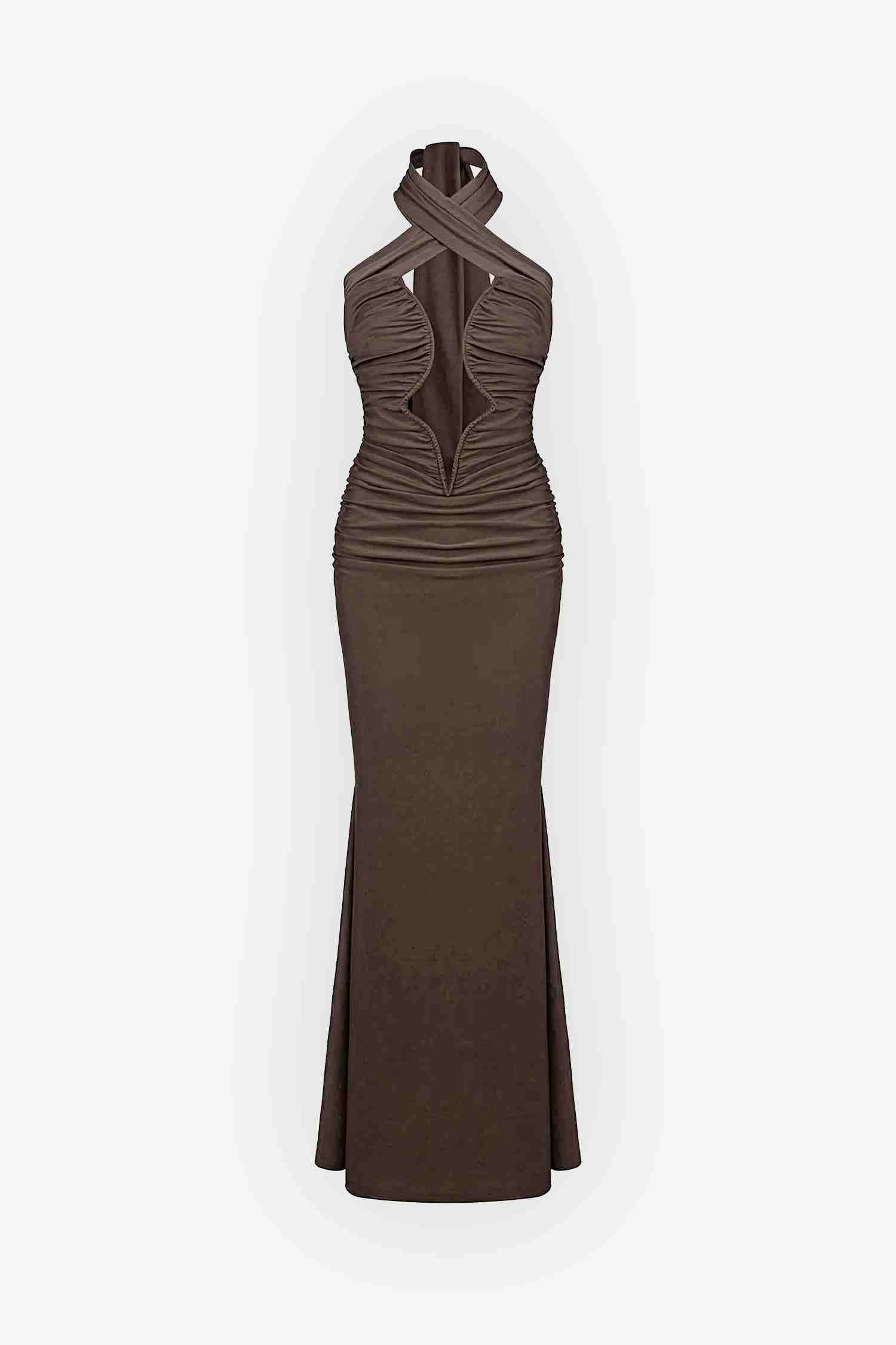 Brown Halter Crisscross Cutout Ruched Bodycon Maxi Dress Dress