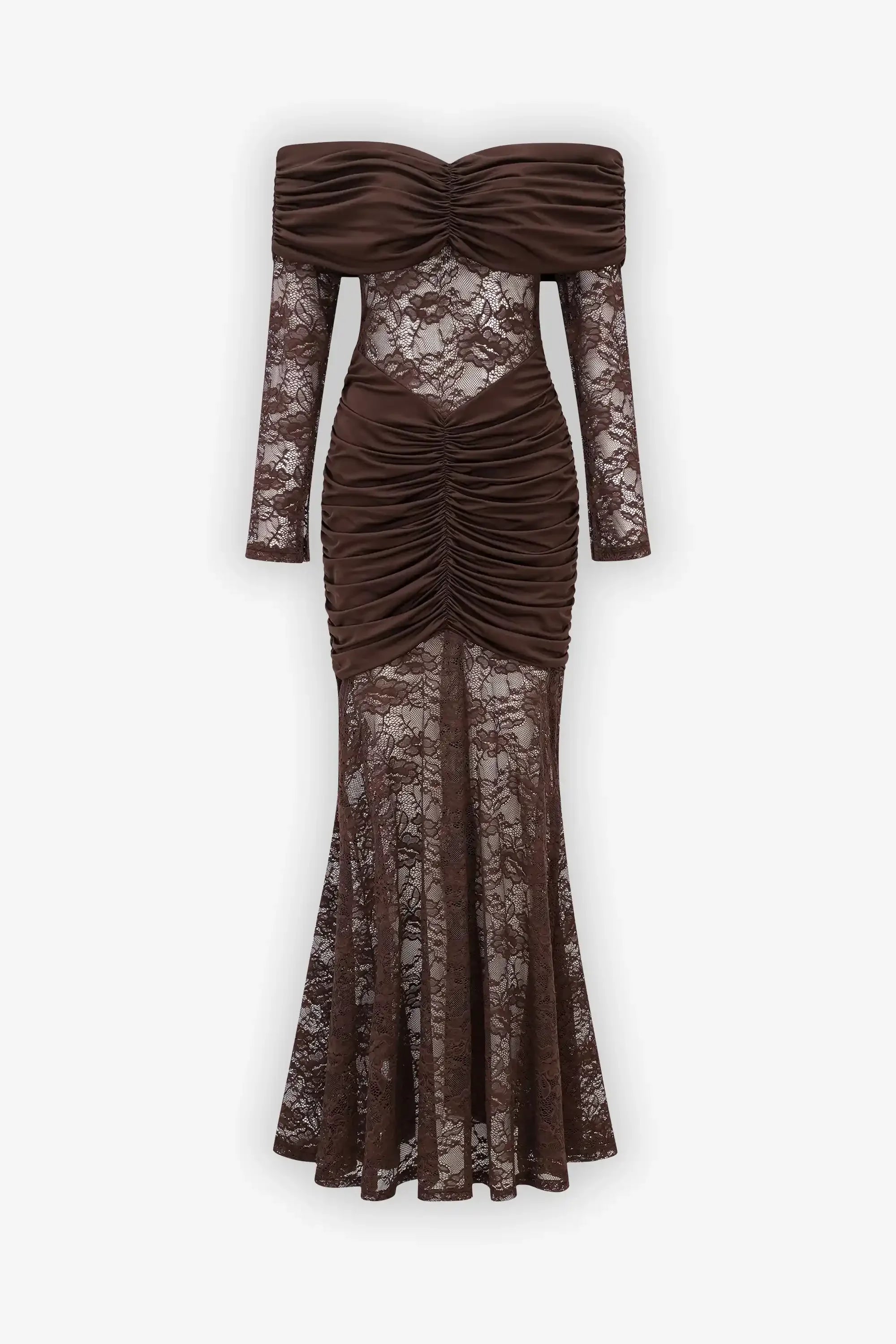 Brown lace dress with long sleeves on a white background