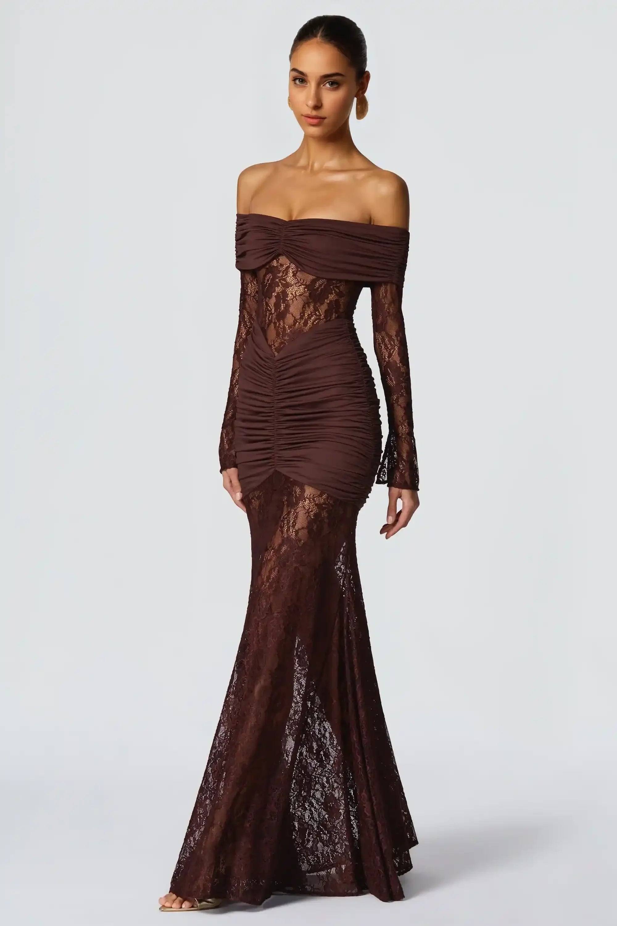 Brown Off The Shoulder Lace Long Sleeve Mermaid Dress Dress