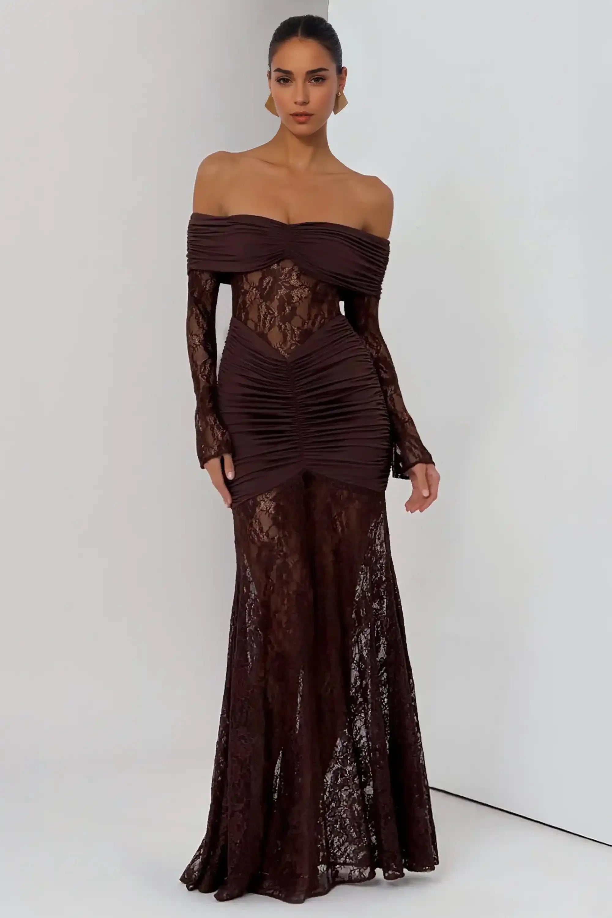 Brown Off The Shoulder Lace Long Sleeve Mermaid Dress Dress