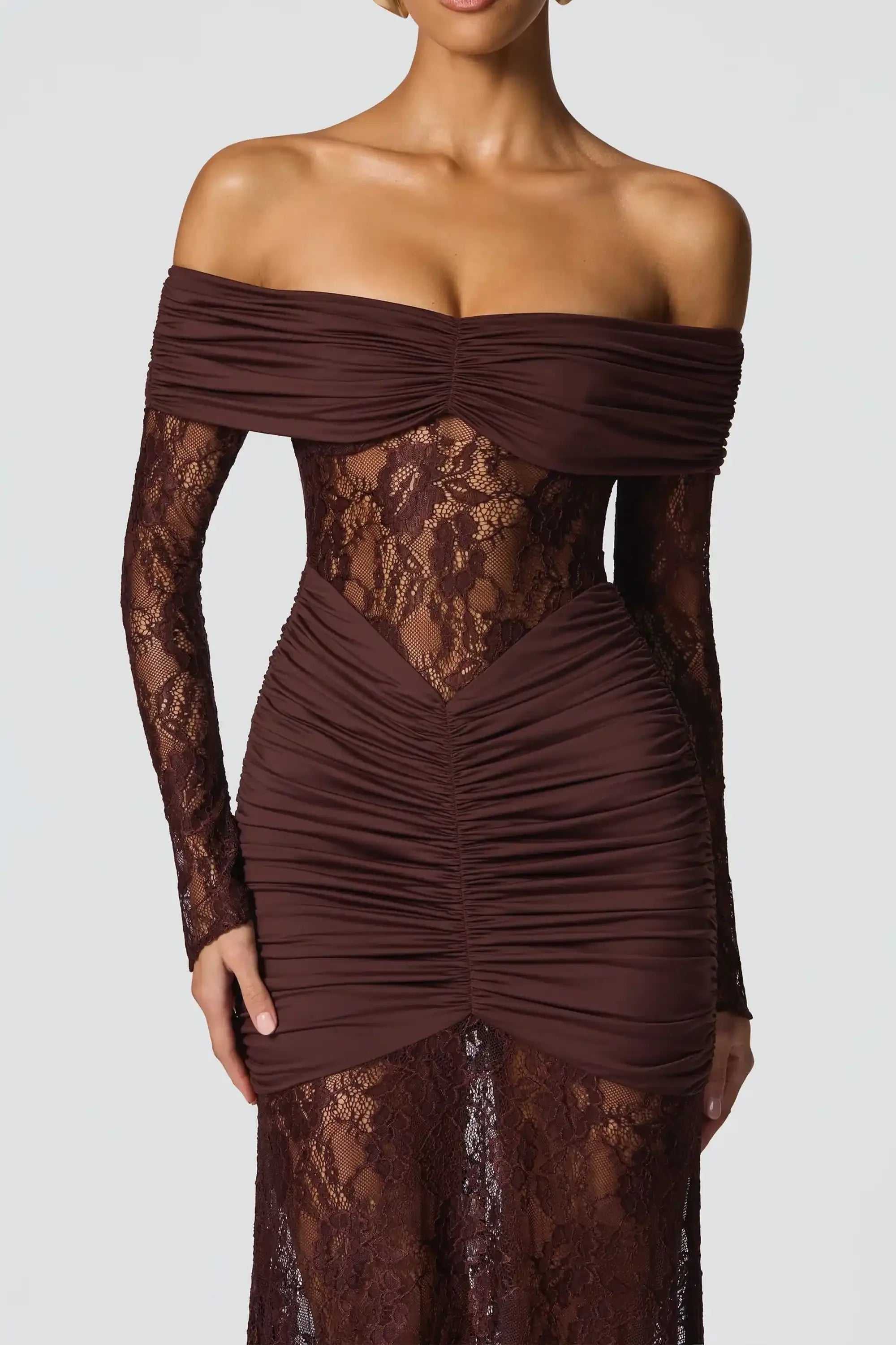 Brown Off The Shoulder Lace Long Sleeve Mermaid Dress Dress