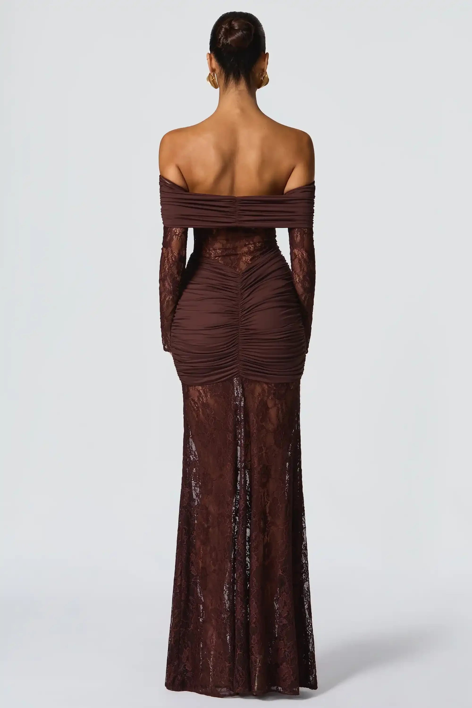 Brown Off The Shoulder Lace Long Sleeve Mermaid Dress Dress