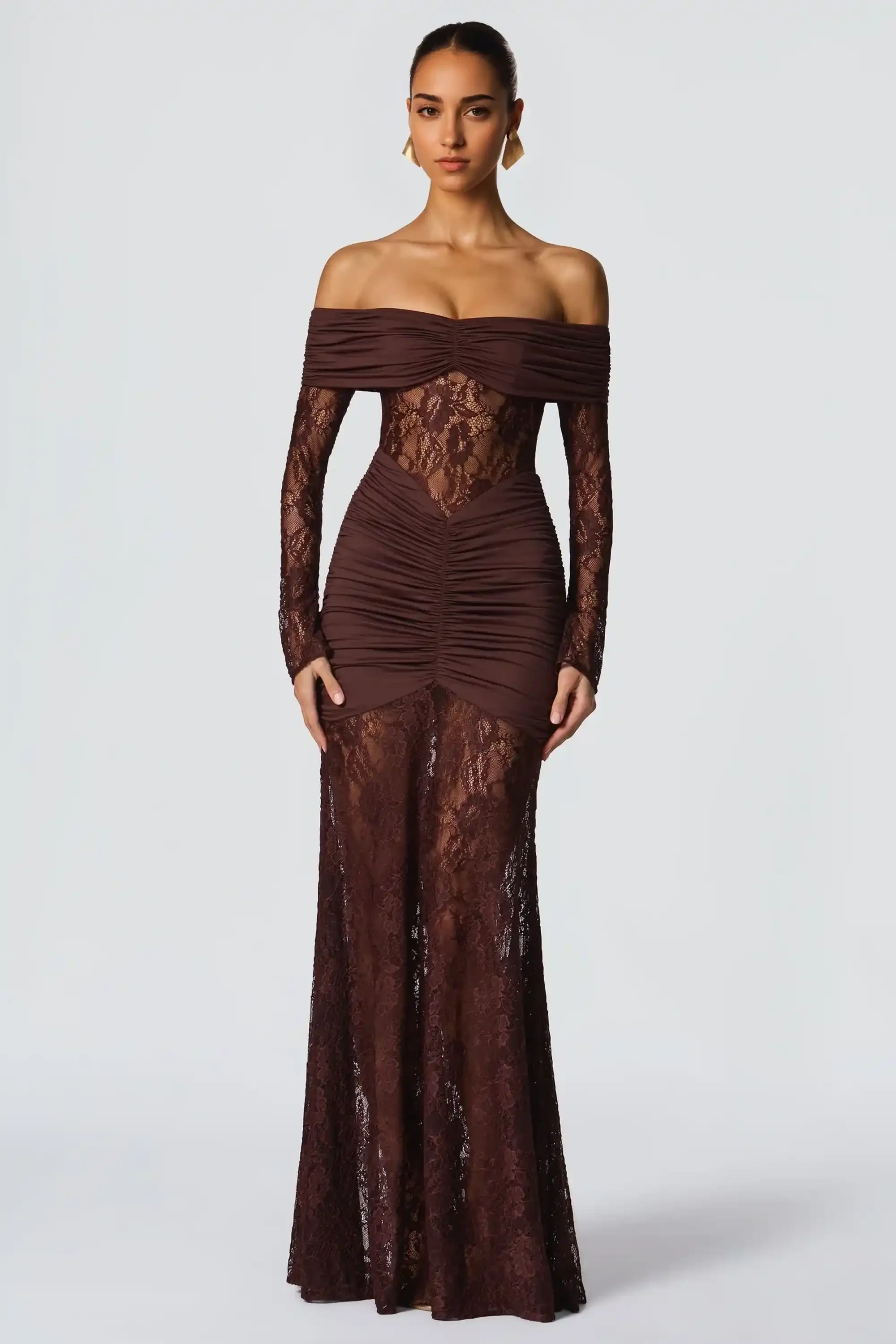 Brown Off The Shoulder Lace Long Sleeve Mermaid Dress Dress