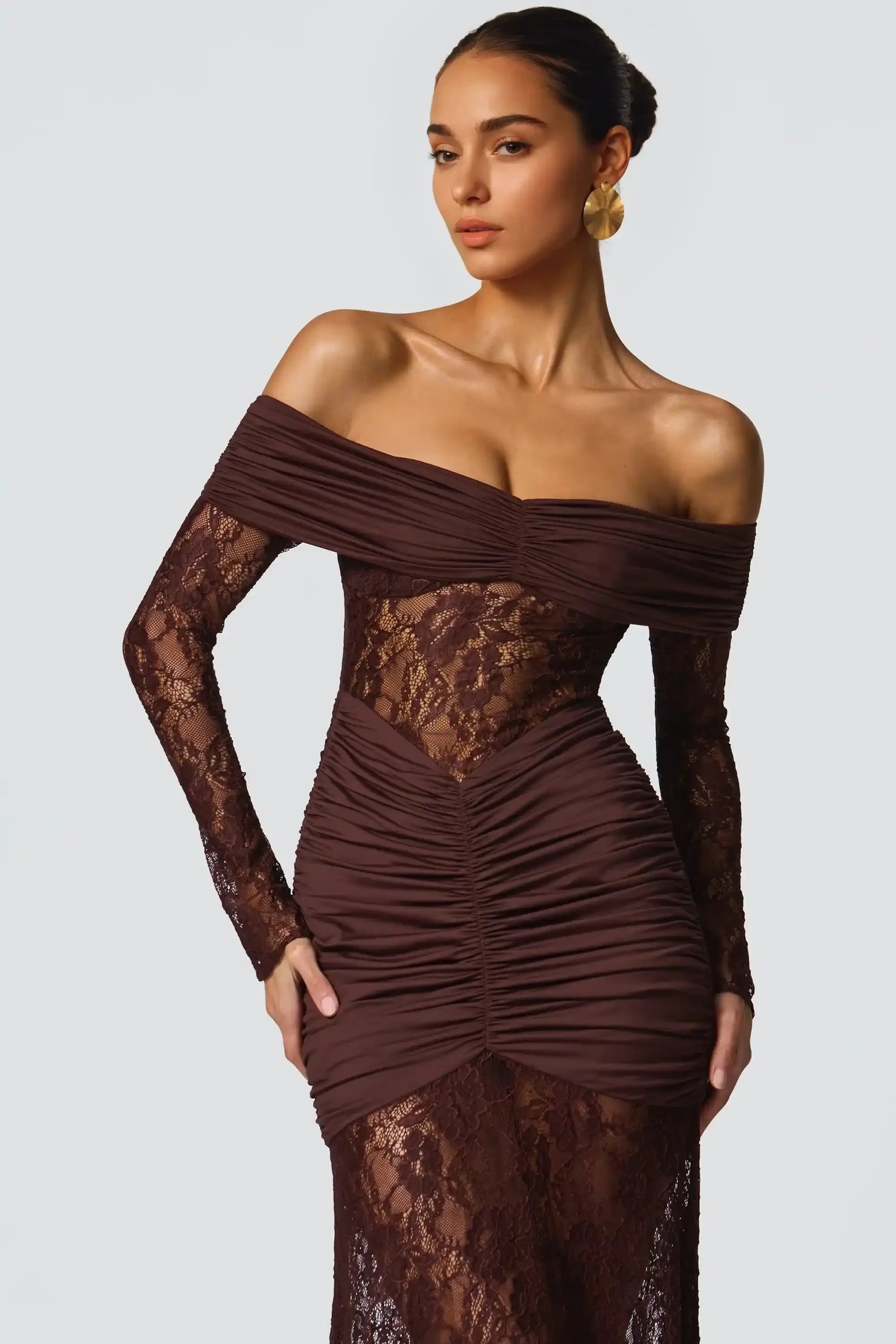 Brown Off The Shoulder Lace Long Sleeve Mermaid Dress Dress