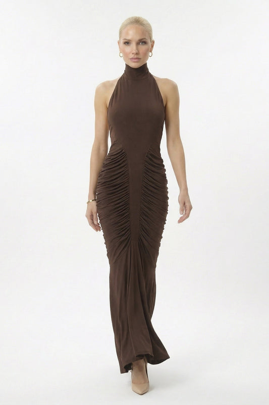 Chocolate Brown Ruched Halter Backless Mermaid Maxi Dress