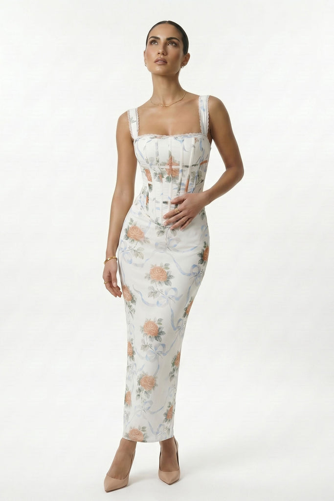 Cream Floral Print Lace Up Corset Maxi Dress Floral / 0