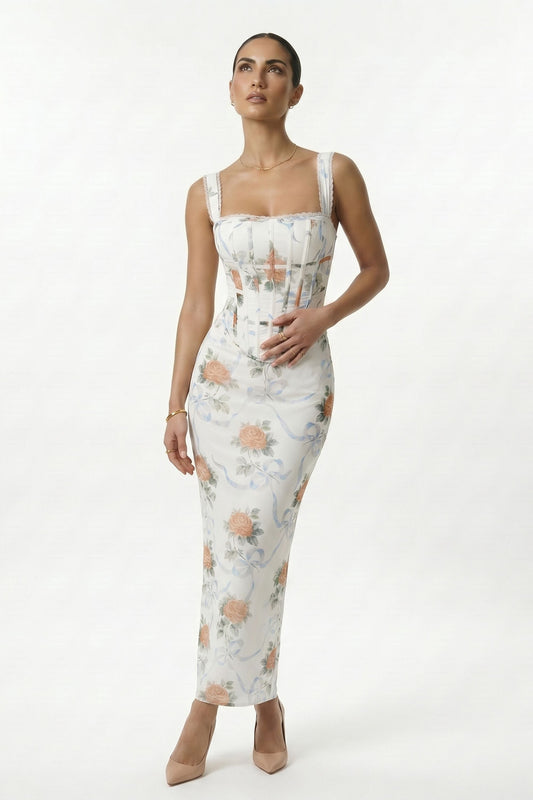 Cream Floral Print Lace Up Corset Maxi Dress - Floral / Dress