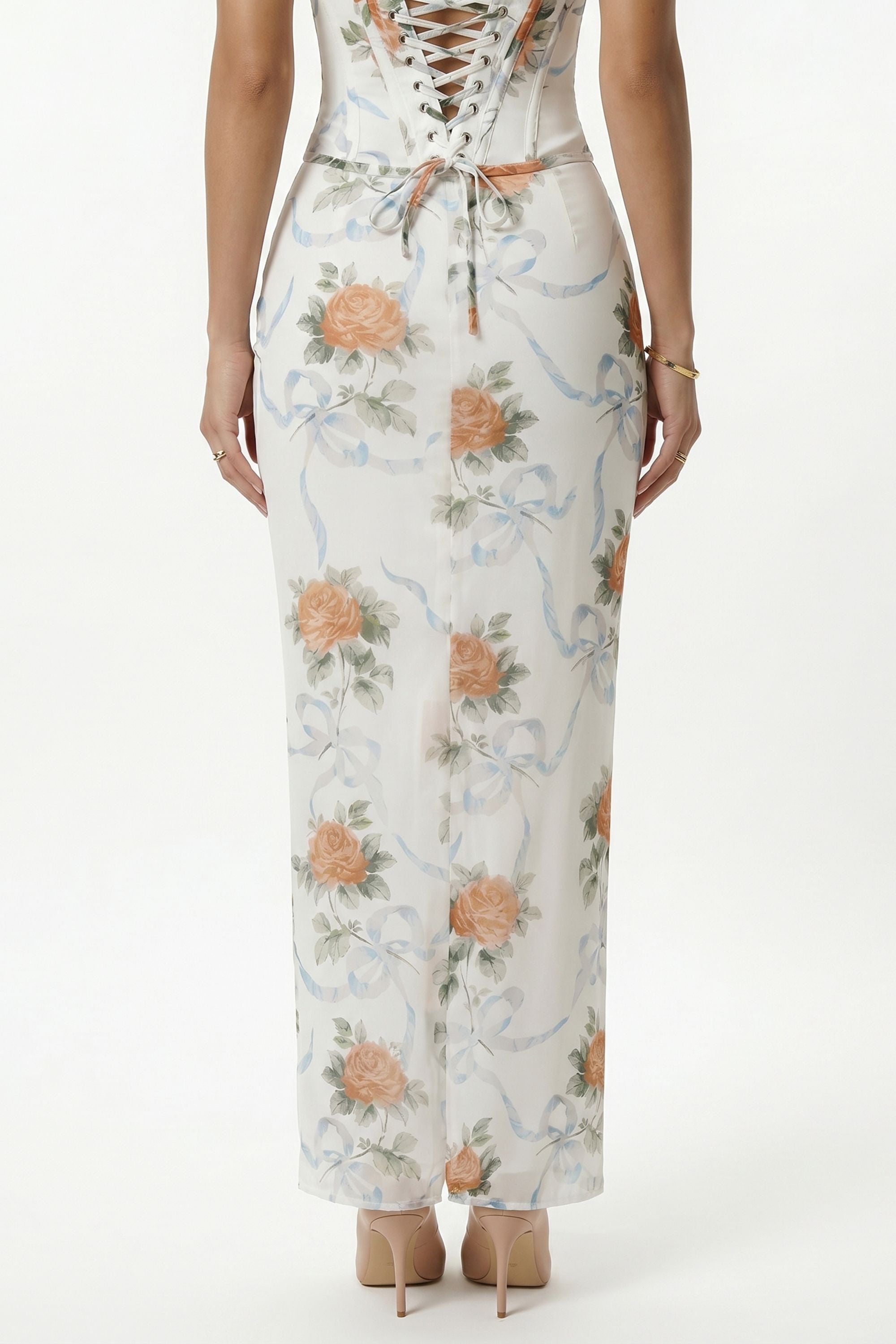 Cream Floral Print Lace Up Corset Maxi Dress - Dress
