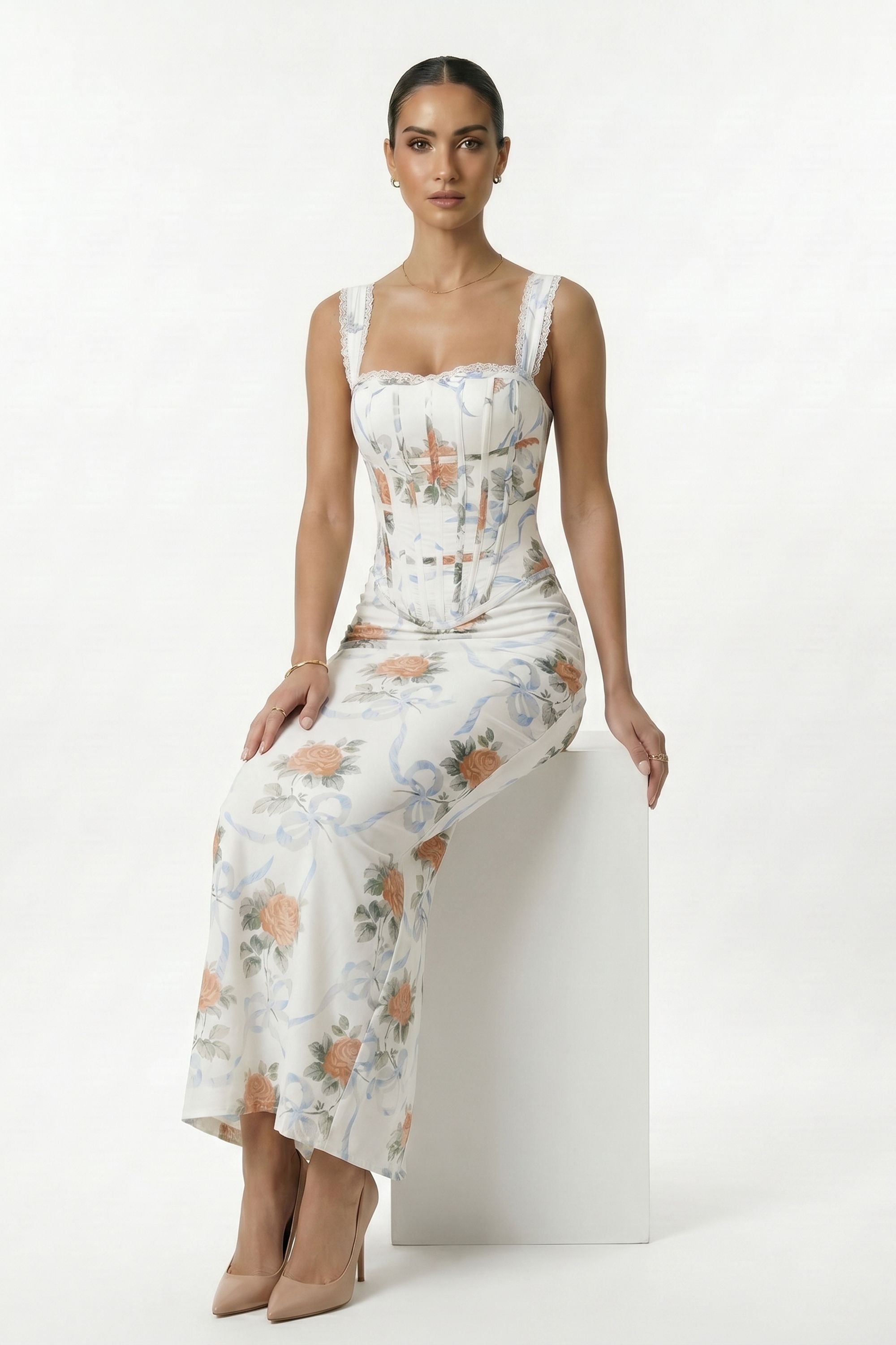 Cream Floral Print Lace Up Corset Maxi Dress - Dress