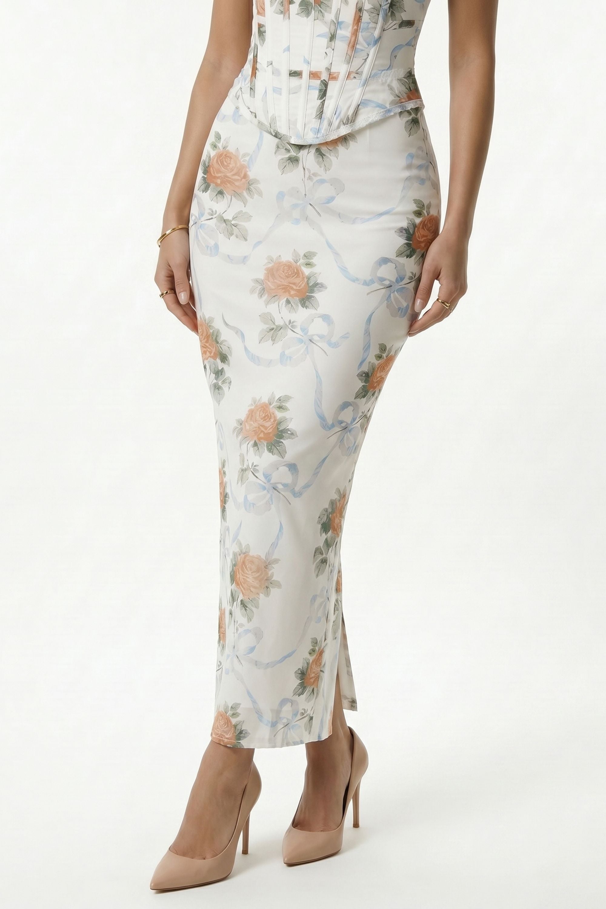 Cream Floral Print Lace Up Corset Maxi Dress - Dress