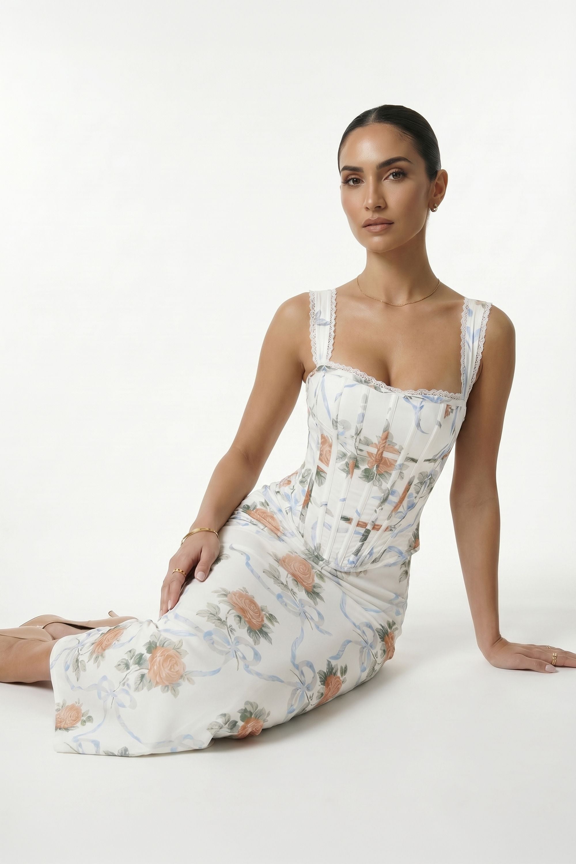 Cream Floral Print Lace Up Corset Maxi Dress - Dress