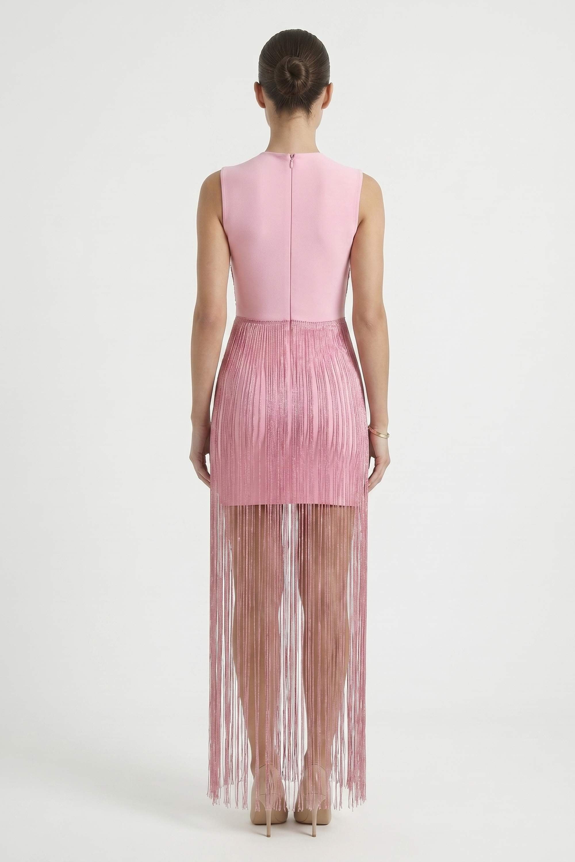 Dusty Rose High Neck Fringe Maxi Dress - Dress