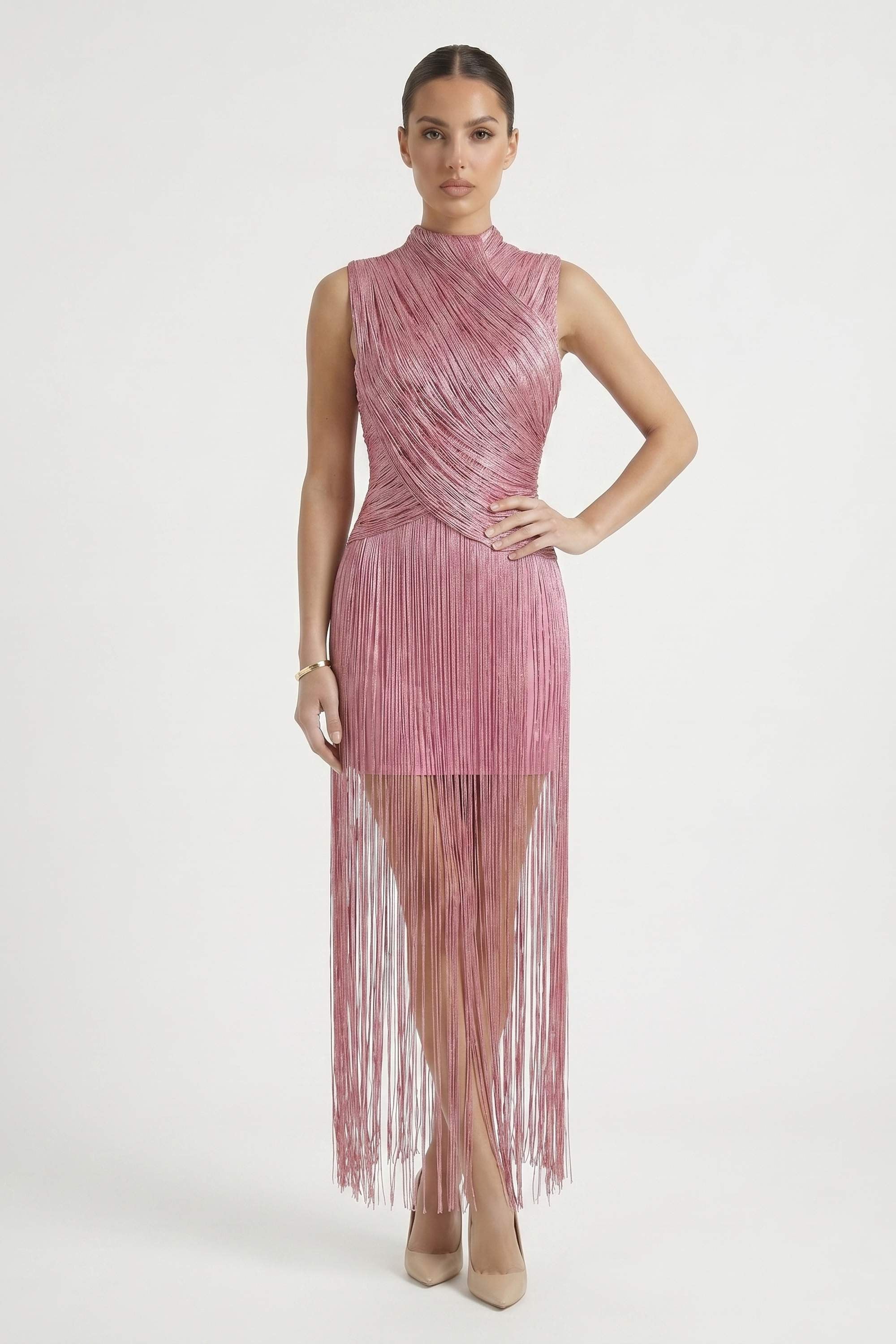 Dusty Rose High Neck Fringe Maxi Dress - Dress